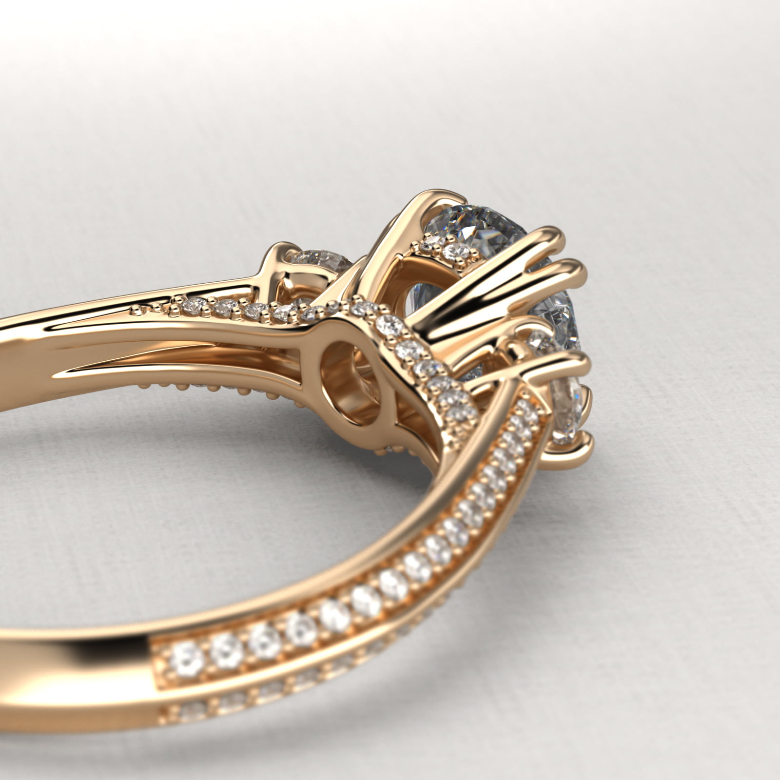 Pavé Knife Edge Diamond Three Stone Engagement Ring In 18K Yellow Gold