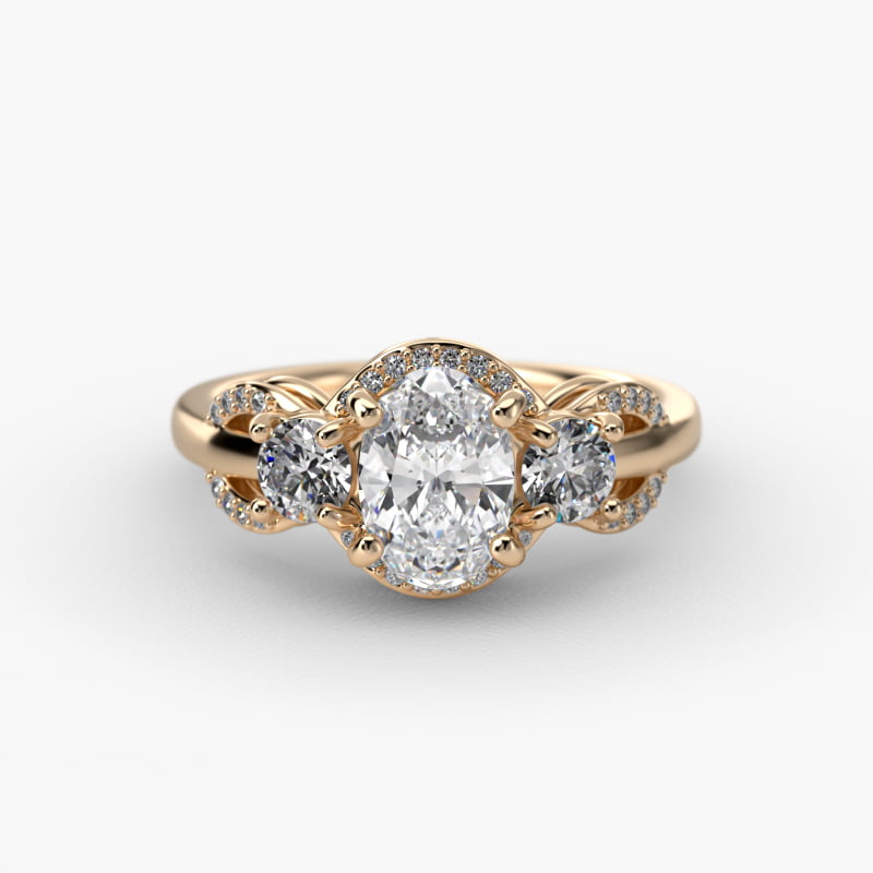 Pavé Silhouette Diamond Three Stone Engagement Ring In 14K Yellow Gold