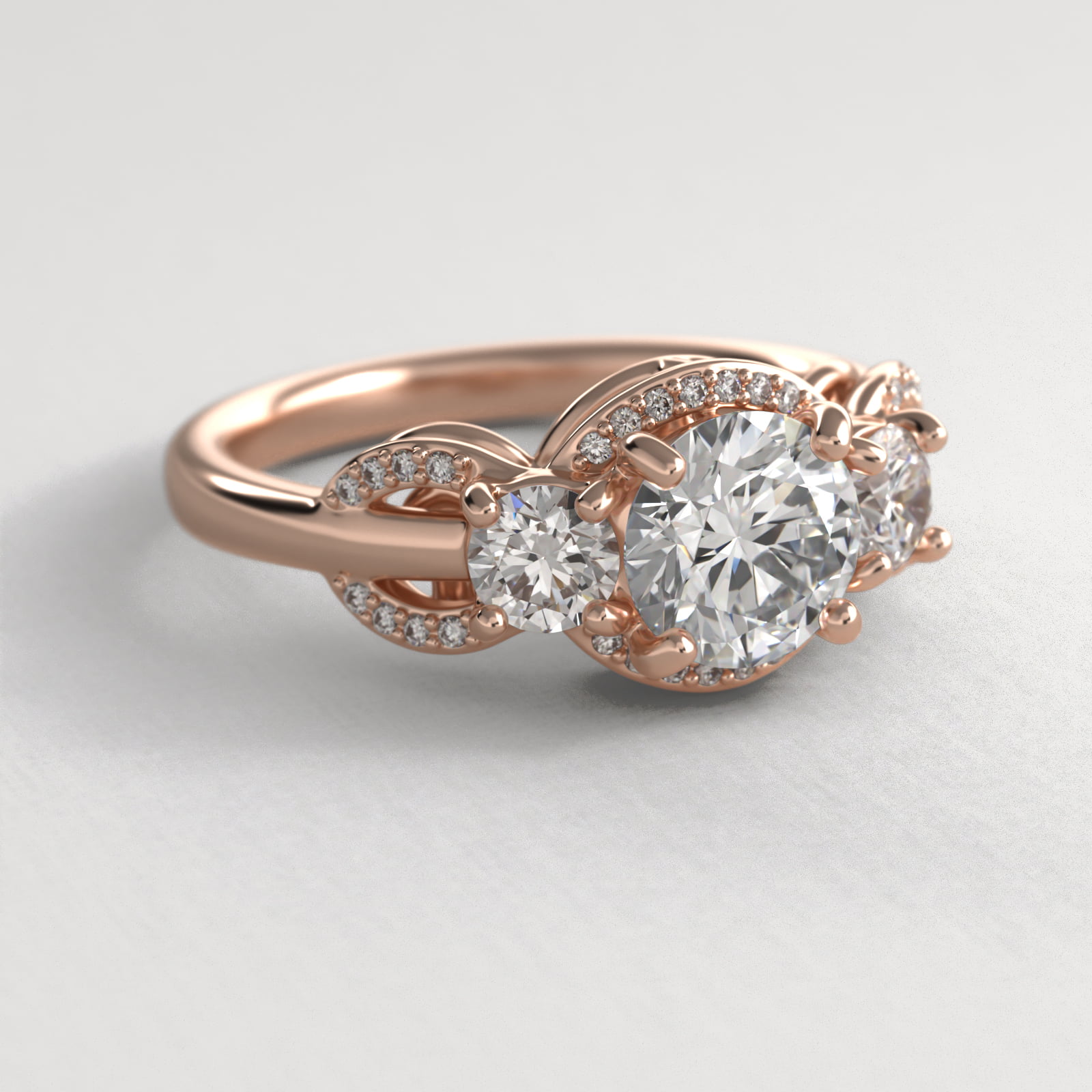 Pavé Silhouette Diamond Three Stone Engagement Ring In 14K Rose Gold