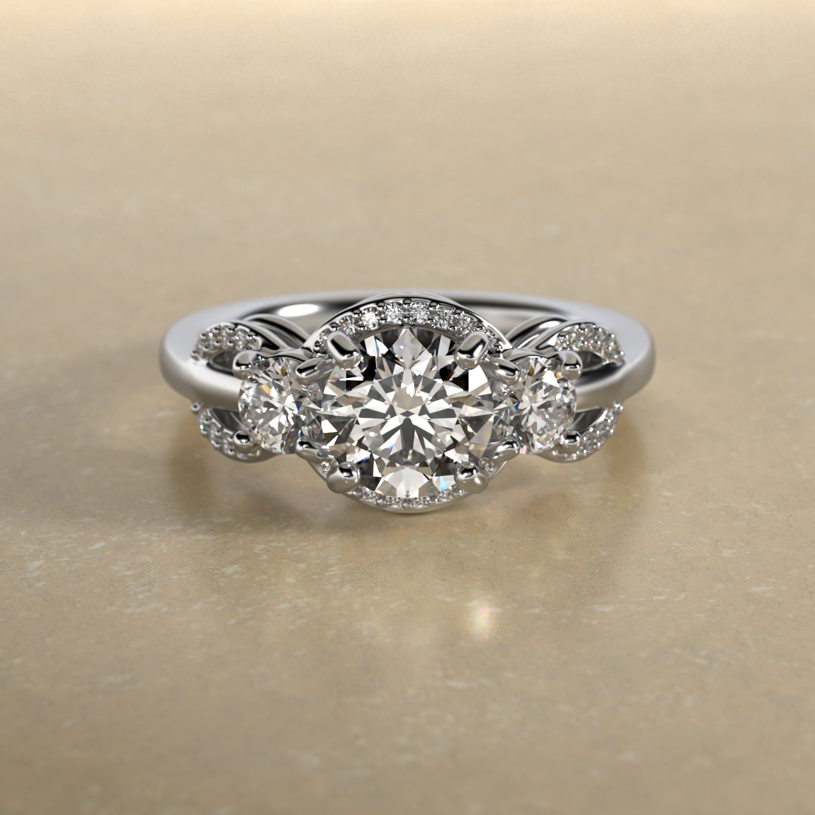 Pavé Silhouette Diamond Three Stone Engagement Ring In 14K White Gold