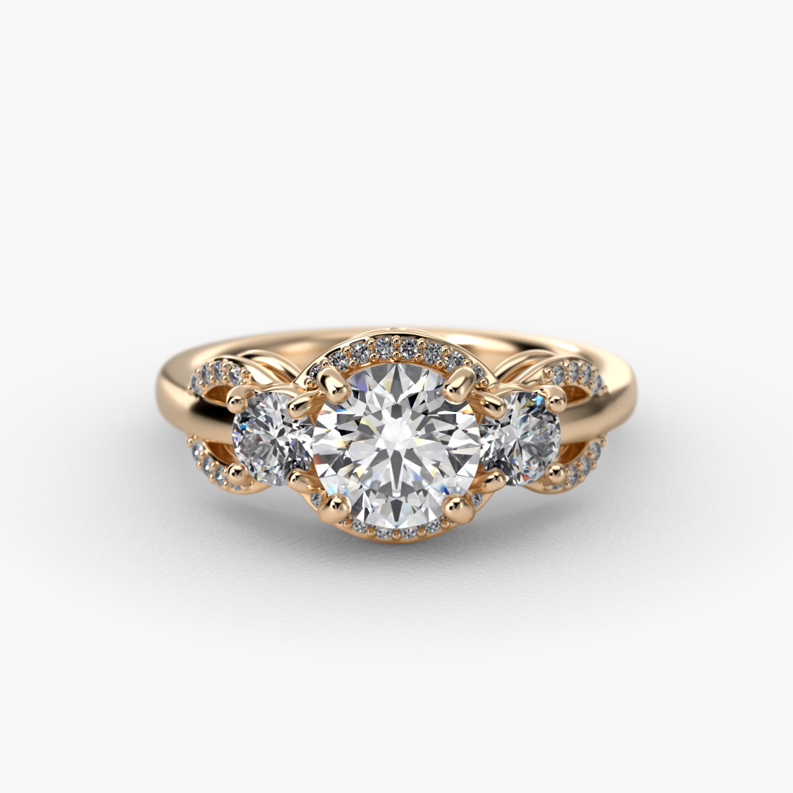 Pavé Silhouette Diamond Three Stone Engagement Ring In 14K Yellow Gold
