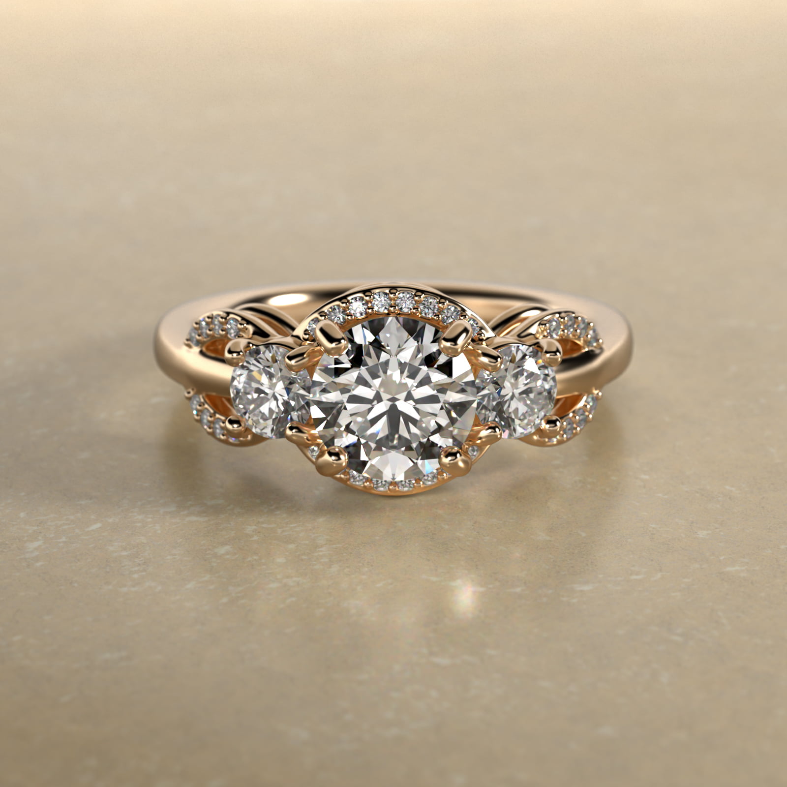 Pavé Silhouette Diamond Three Stone Engagement Ring In 18K Yellow Gold