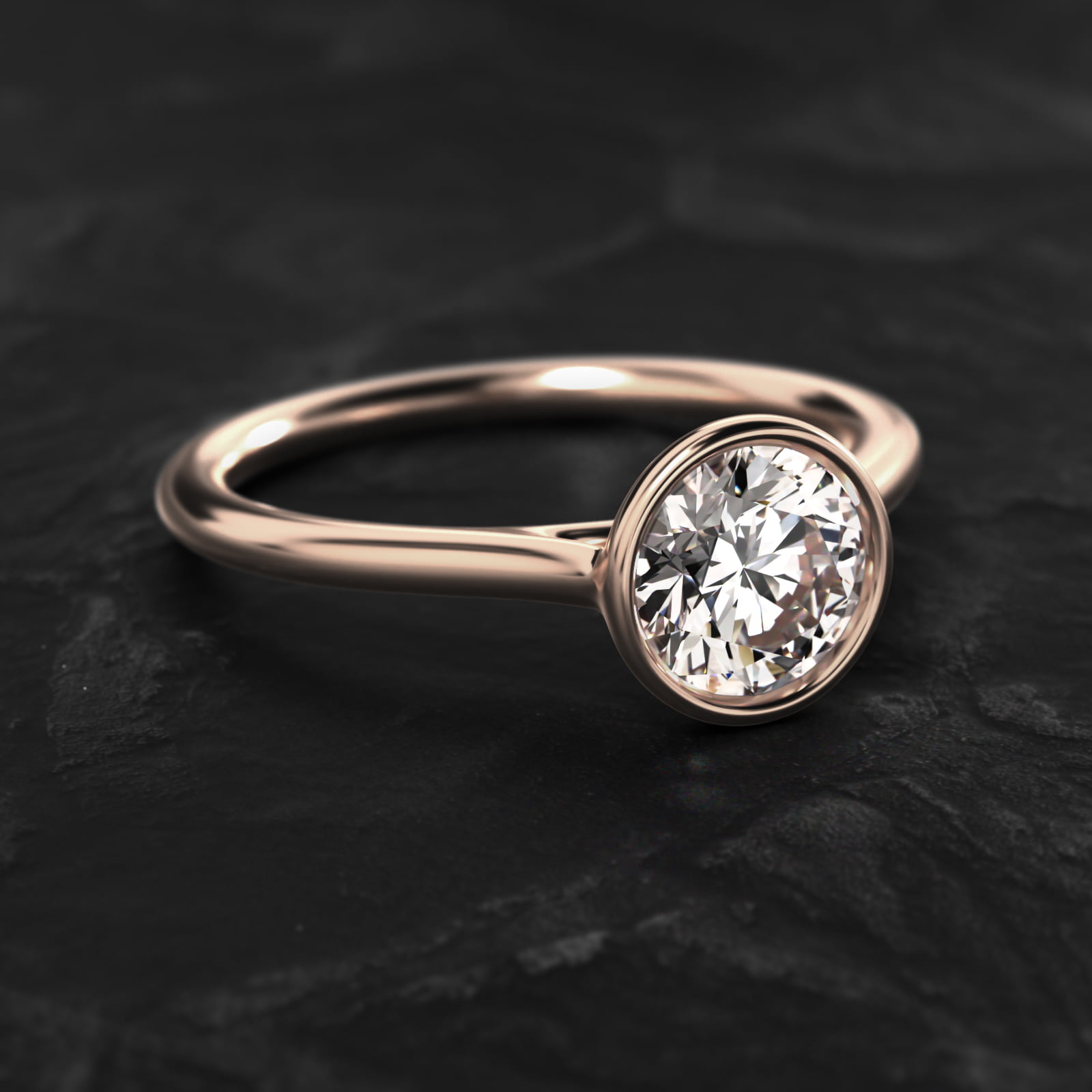 Comfort Fit Bezel Set Solitaire Engagement Ring In 14K Rose Gold