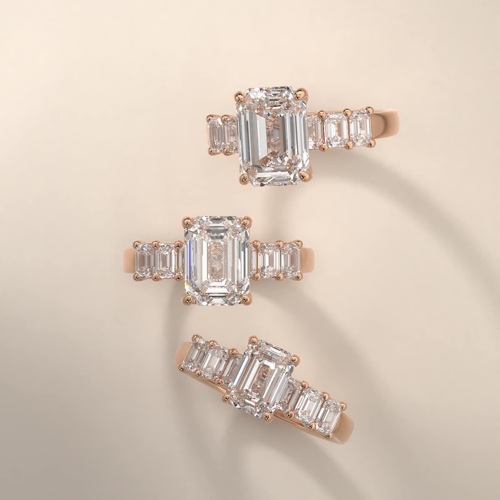 Emerald Cut Side Stone Diamond Engagement Ring In 14K Rose Gold