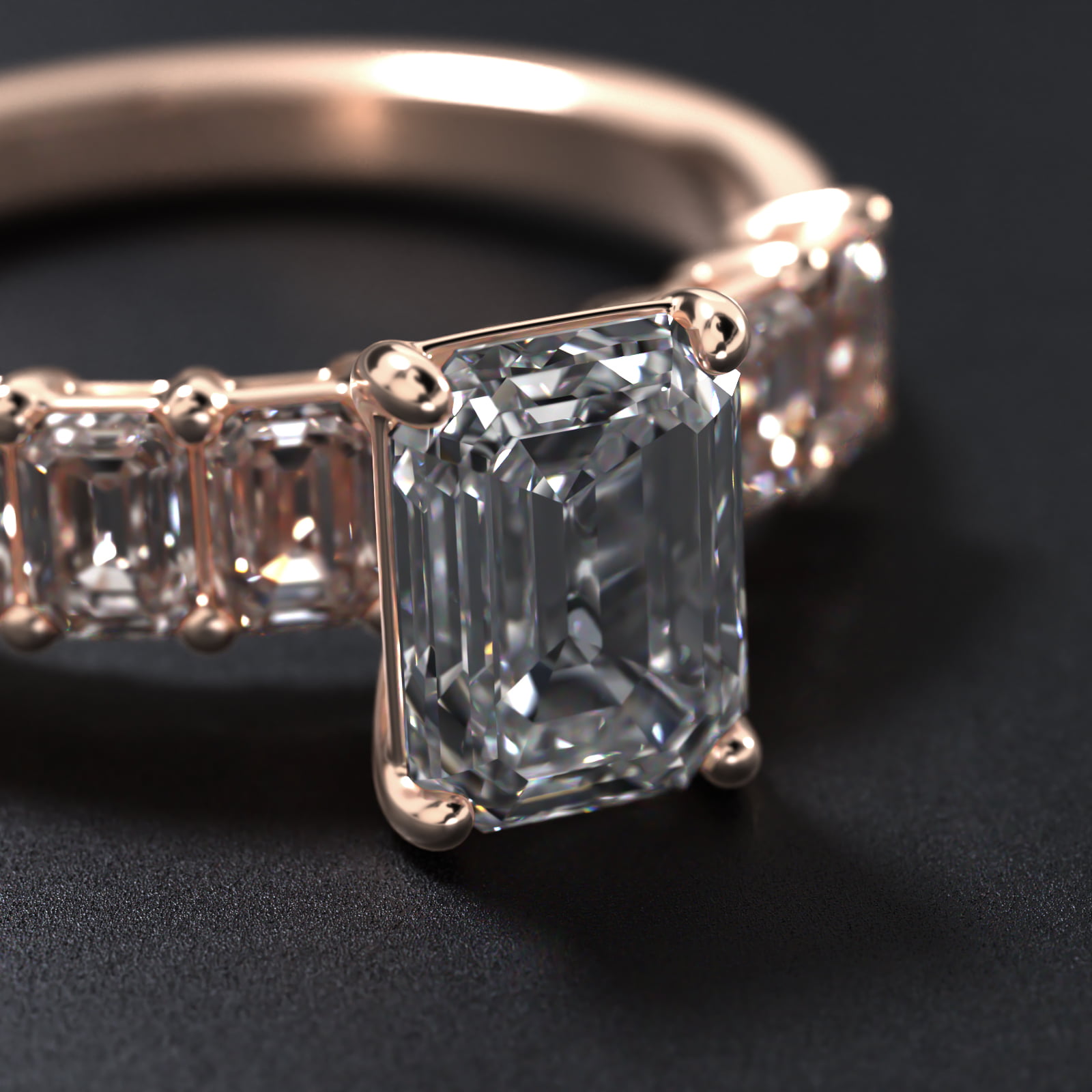 Emerald Cut Side Stone Diamond Engagement Ring In 14K Rose Gold