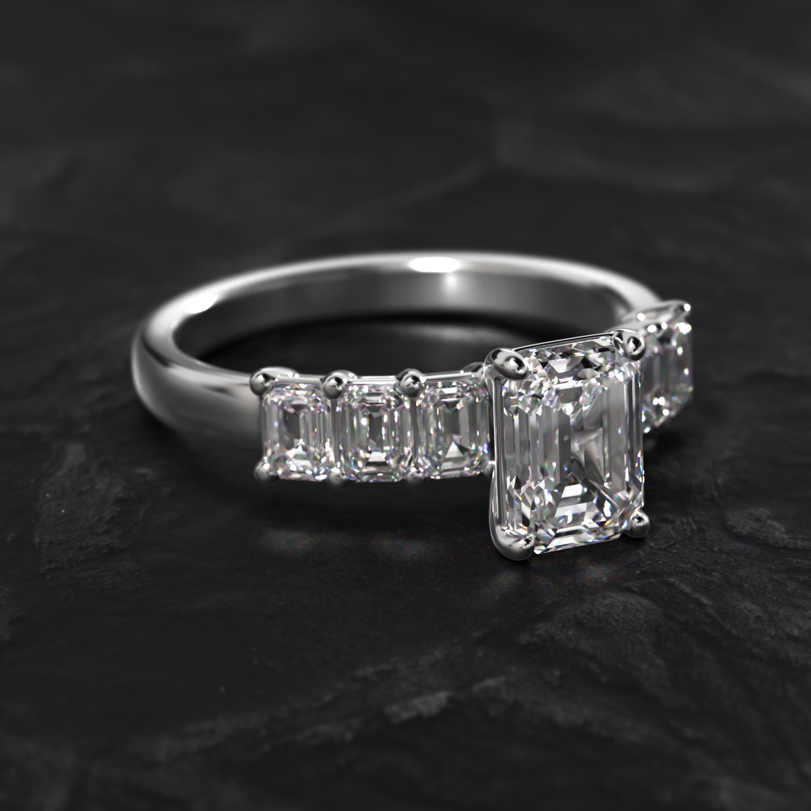 Emerald Cut Side Stone Diamond Engagement Ring In 14K White Gold