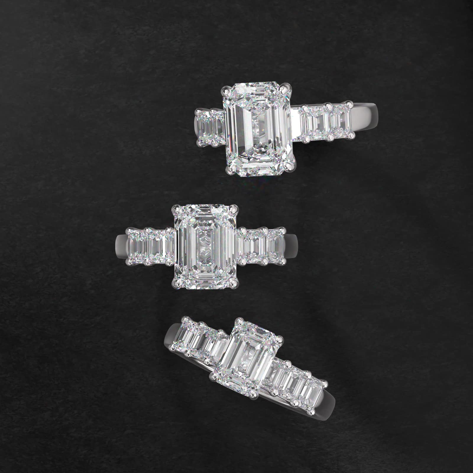 Emerald Cut Side Stone Diamond Engagement Ring In 18K White Gold