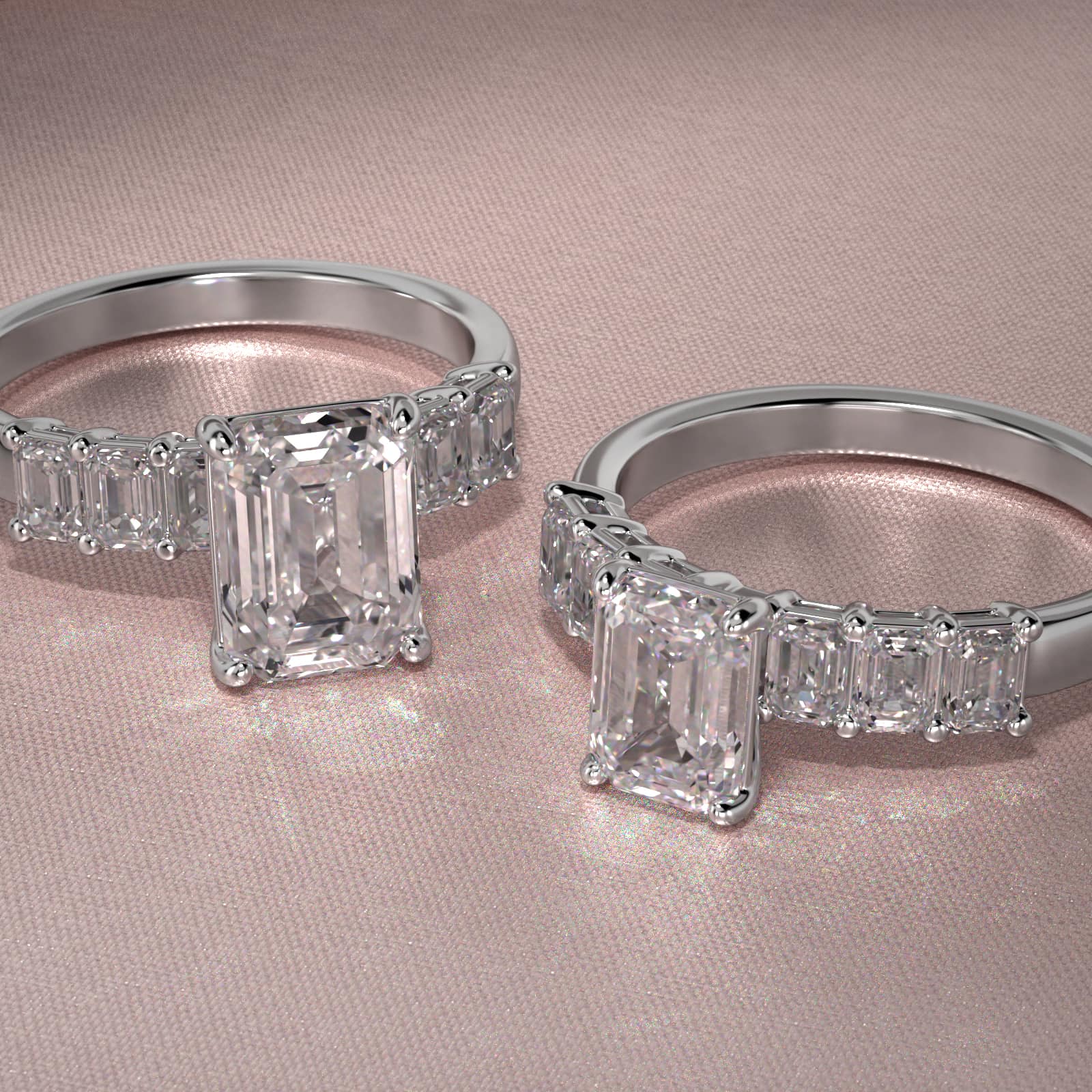 Emerald Cut Side Stone Diamond Engagement Ring In 14K White Gold