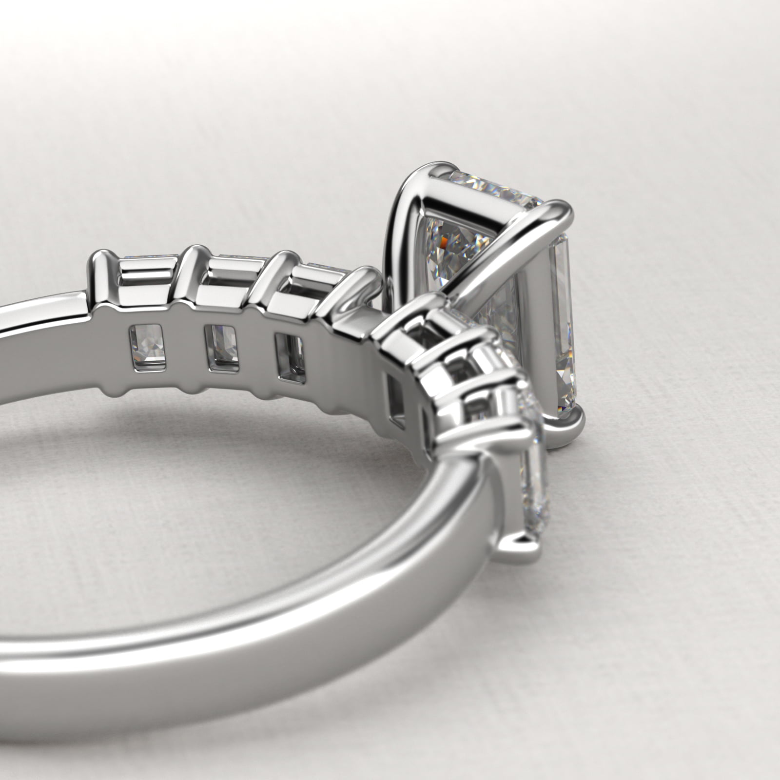 Emerald Cut Side Stone Diamond Engagement Ring In 14K White Gold