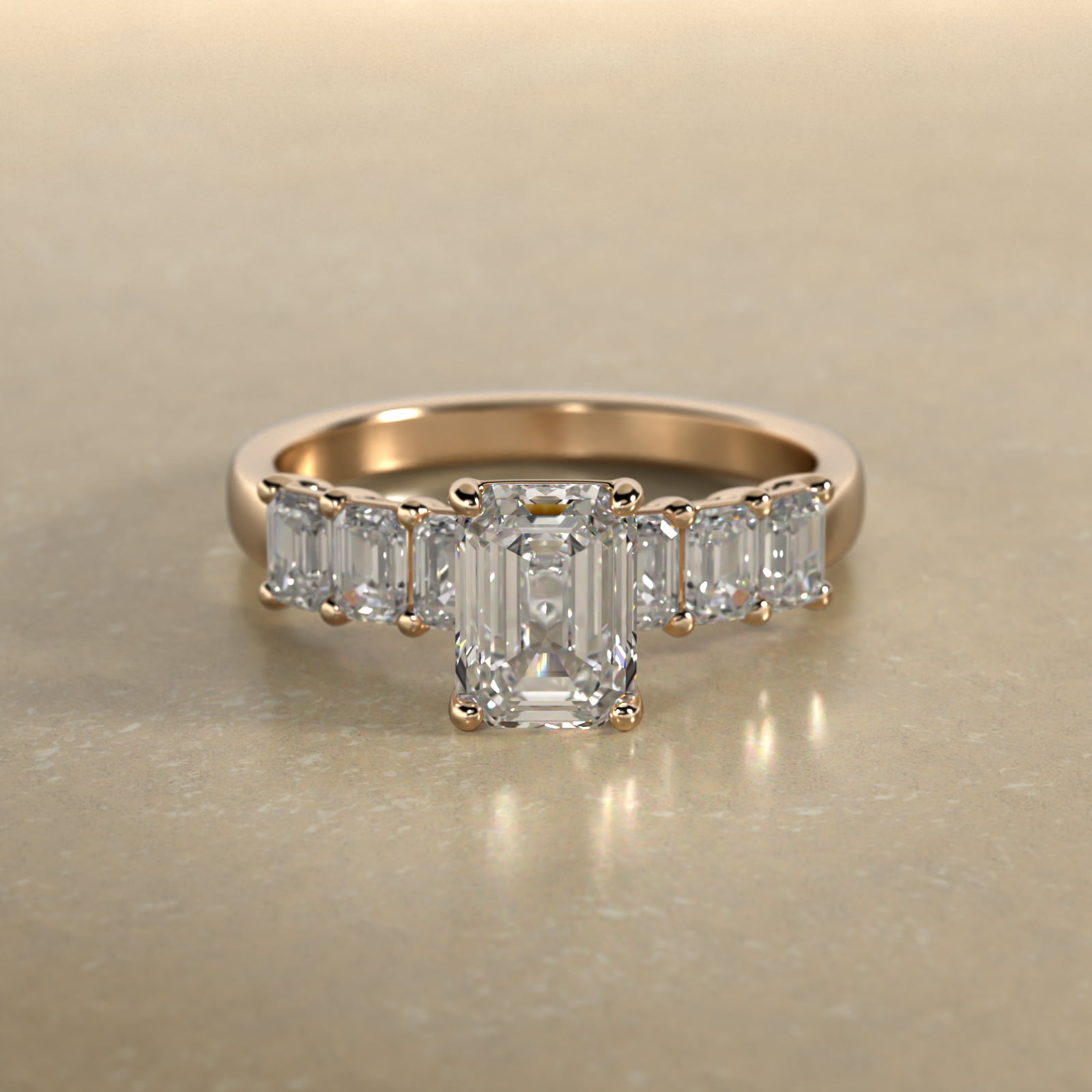 Emerald Cut Side Stone Diamond Engagement Ring In 14K Yellow Gold