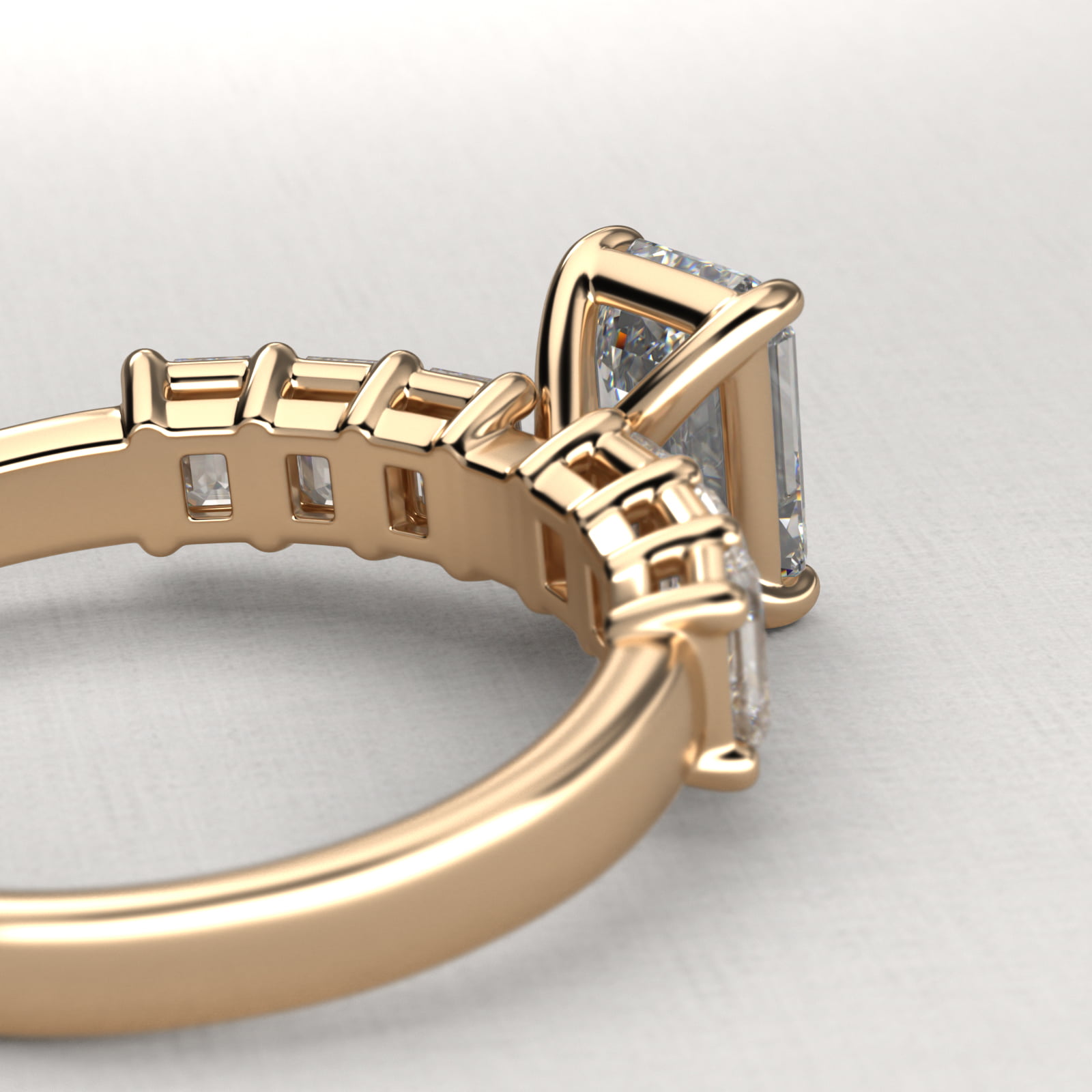 Emerald Cut Side Stone Diamond Engagement Ring In 18K Yellow Gold