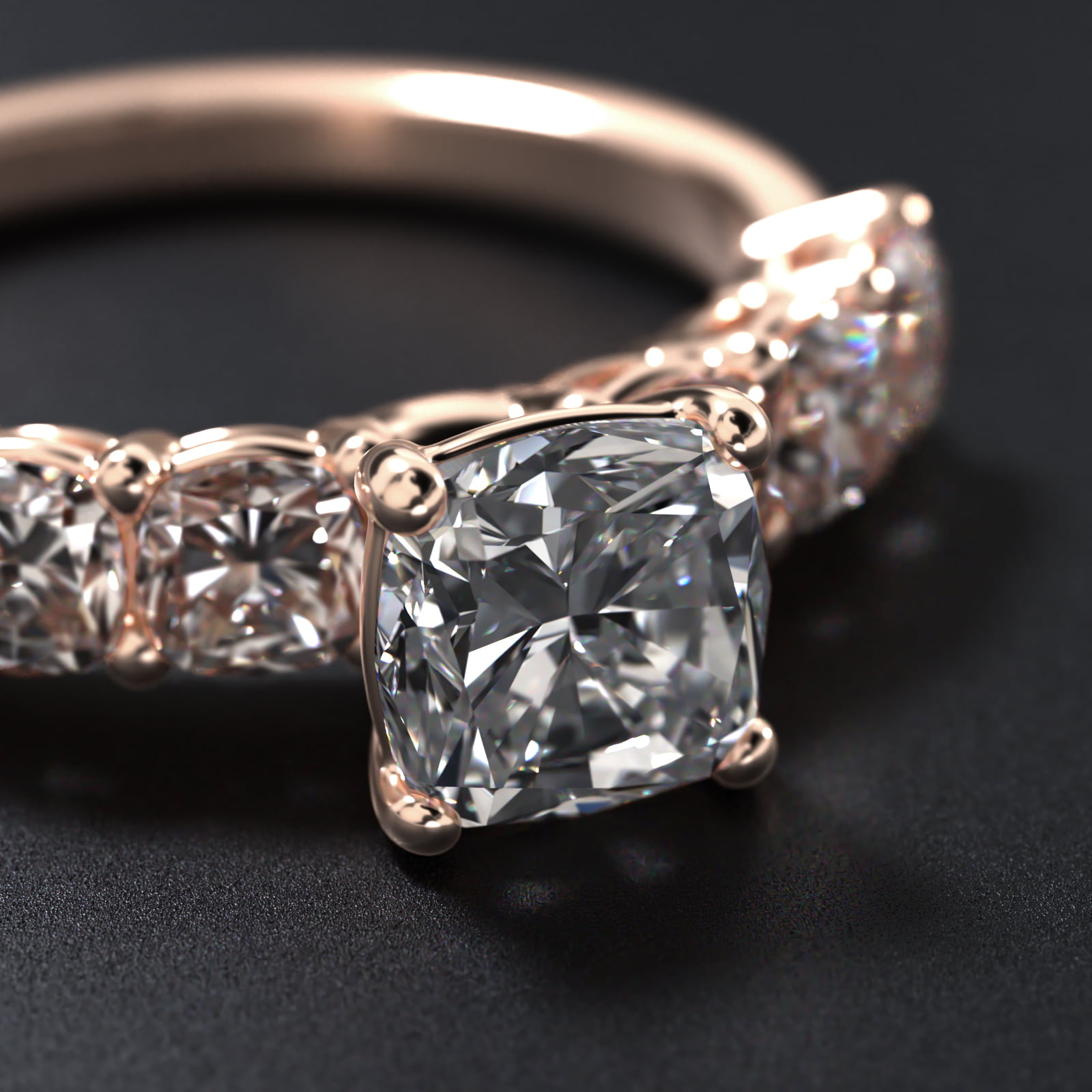 Cushion Cut Side Stone Diamond Engagement Ring In 14K Rose Gold