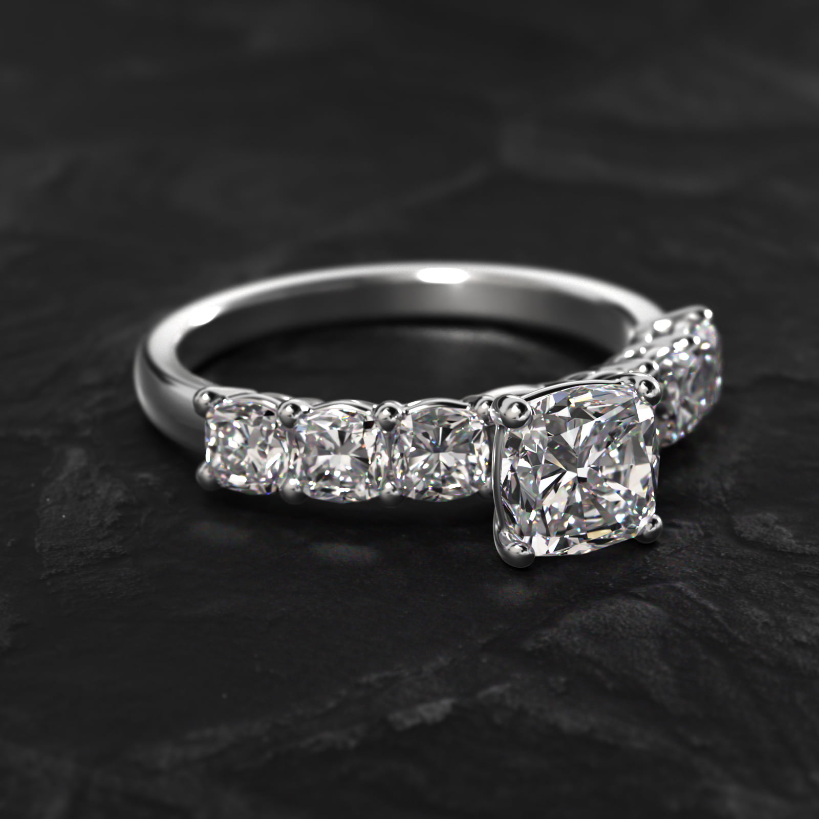 Cushion Cut Side Stone Diamond Engagement Ring In 18K White Gold