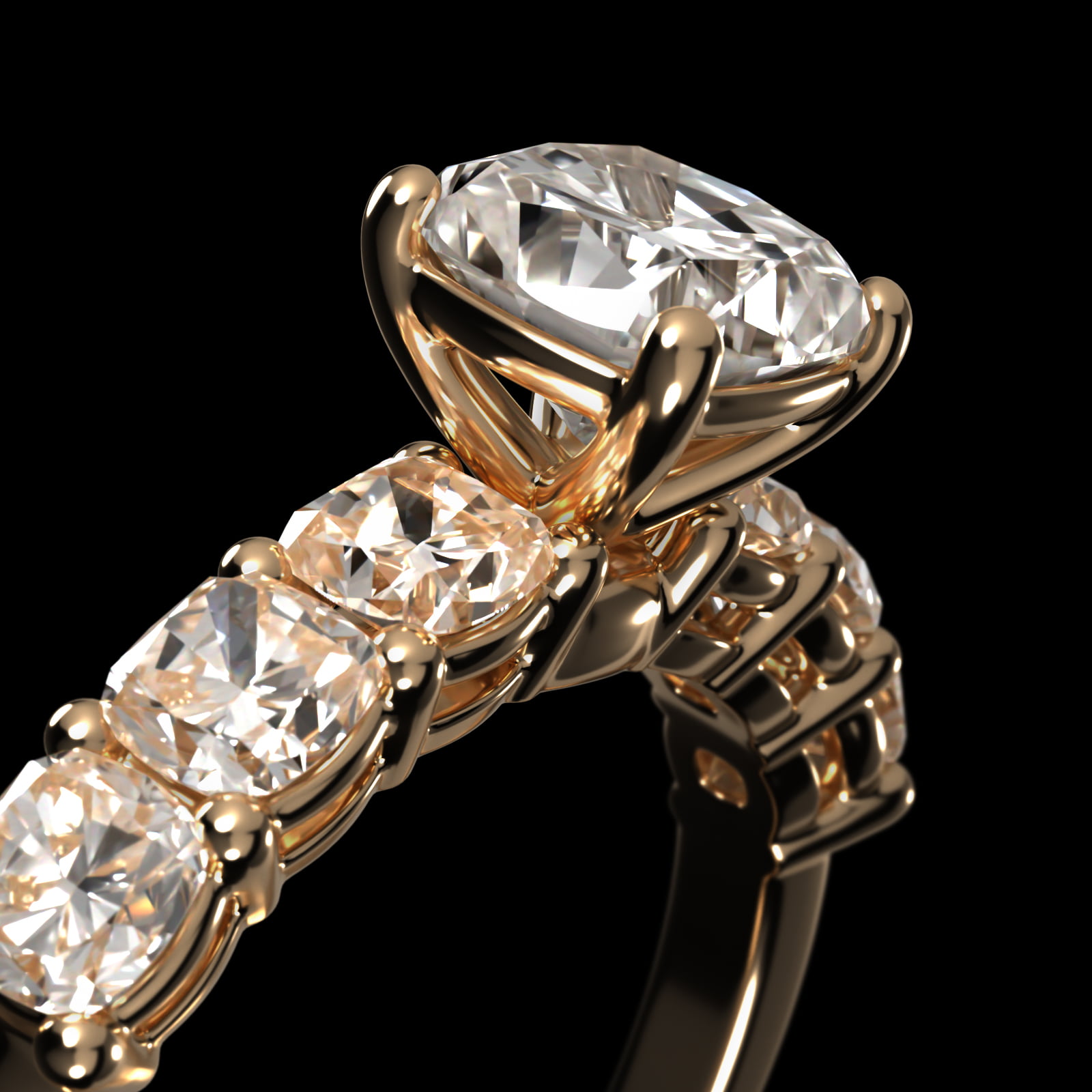 Cushion Cut Side Stone Diamond Engagement Ring In 14K Yellow Gold