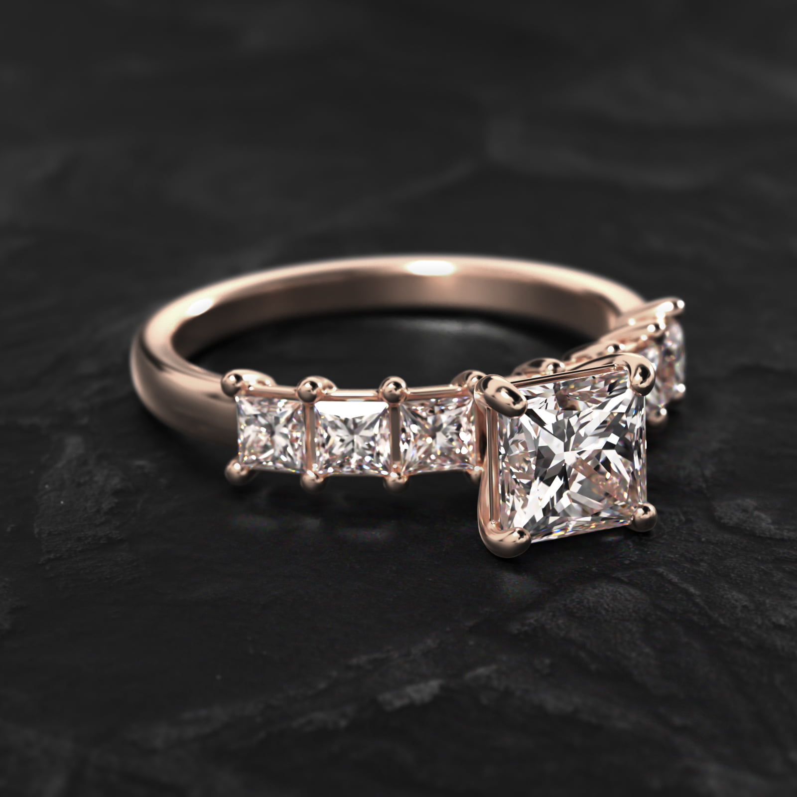 Princess Cut Side Stone Diamond Engagement Ring In 14K Rose Gold