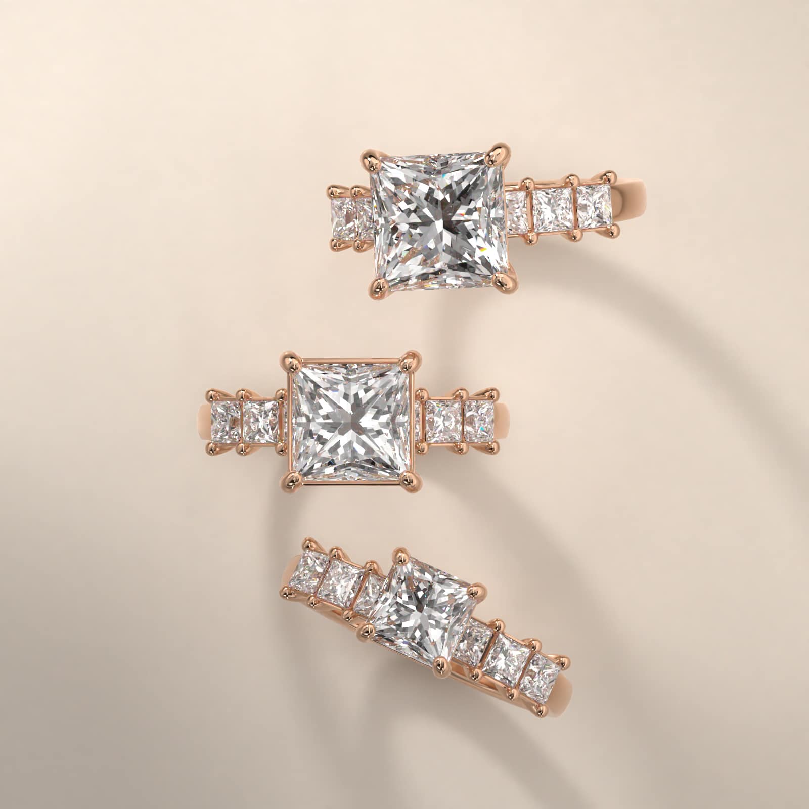 Princess Cut Side Stone Diamond Engagement Ring In 14K Rose Gold