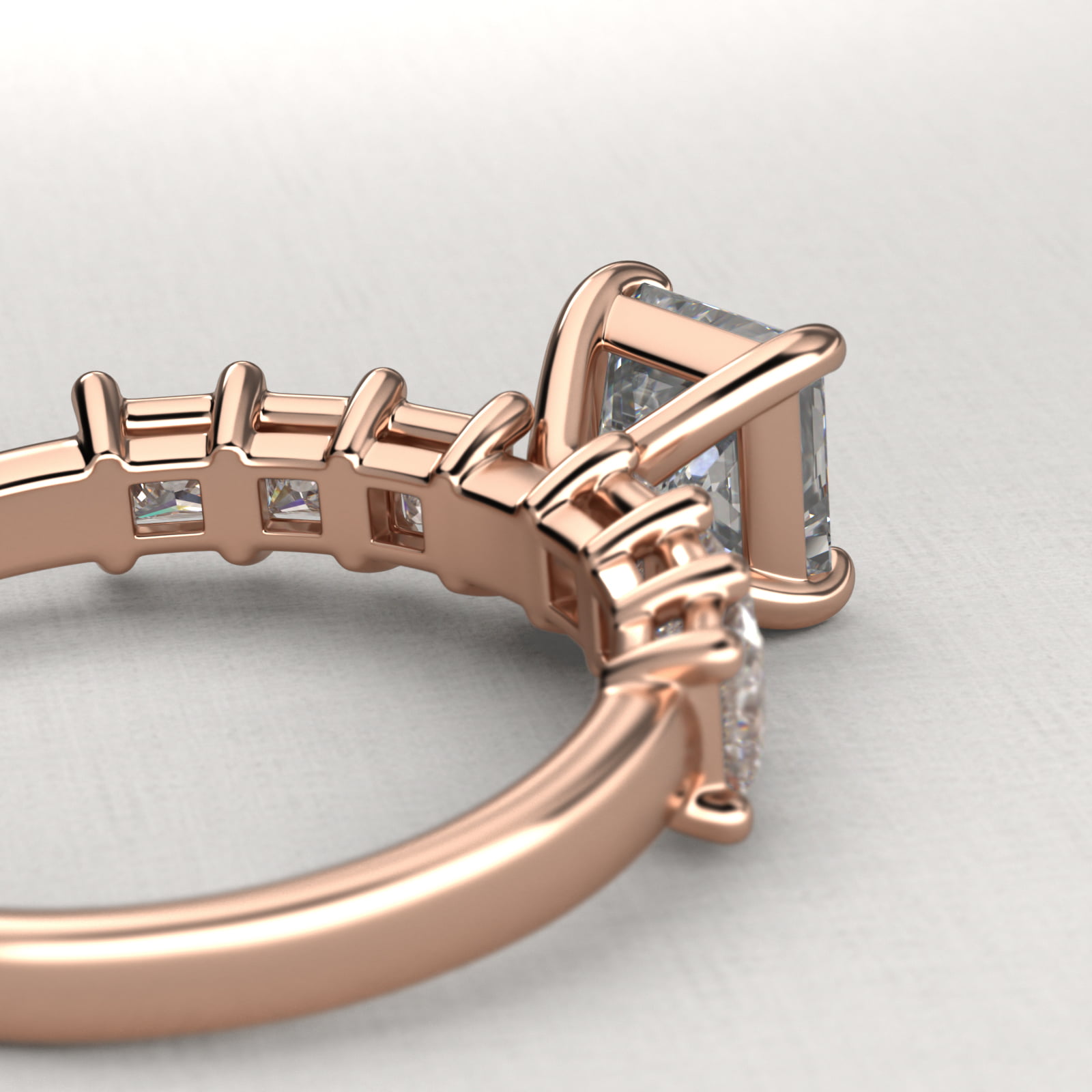 Princess Cut Side Stone Diamond Engagement Ring In 14K Rose Gold