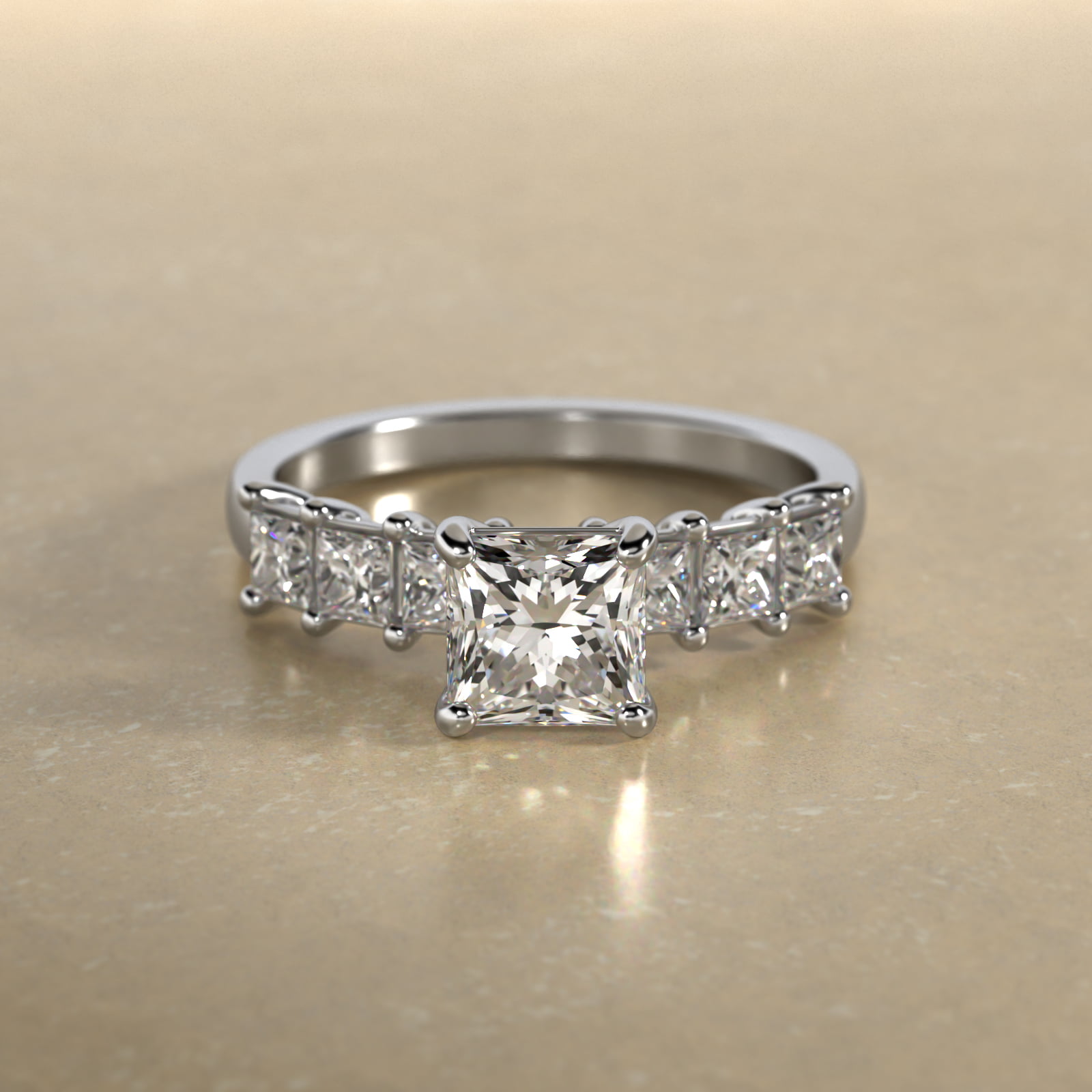 Princess Cut Side Stone Diamond Engagement Ring In 14K White Gold
