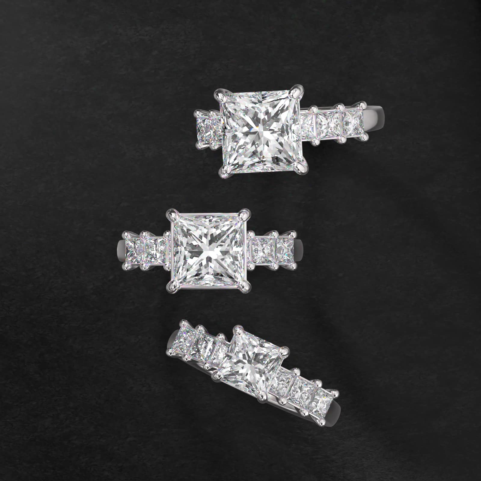 Princess Cut Side Stone Diamond Engagement Ring In 14K White Gold