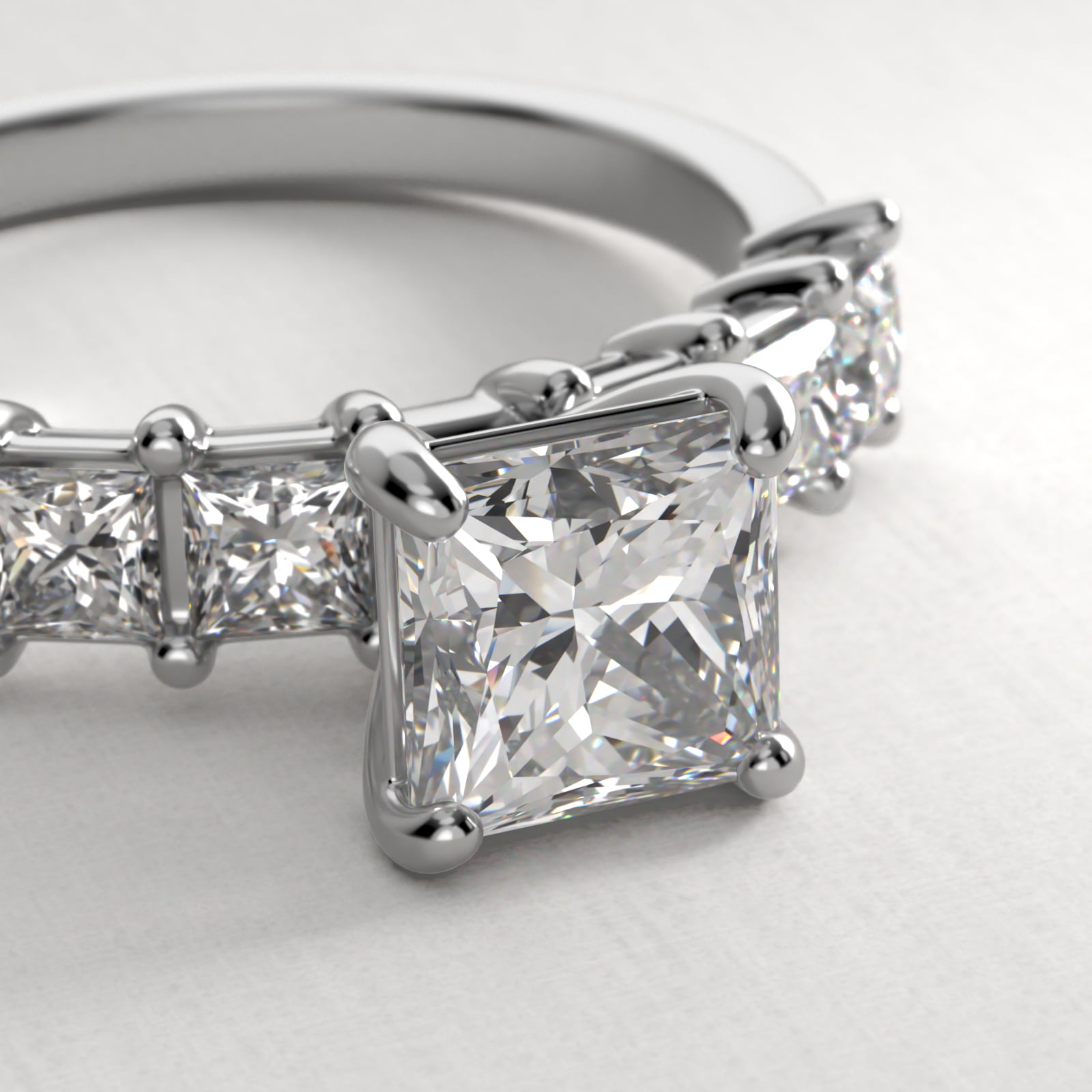Princess Cut Side Stone Diamond Engagement Ring In 14K White Gold