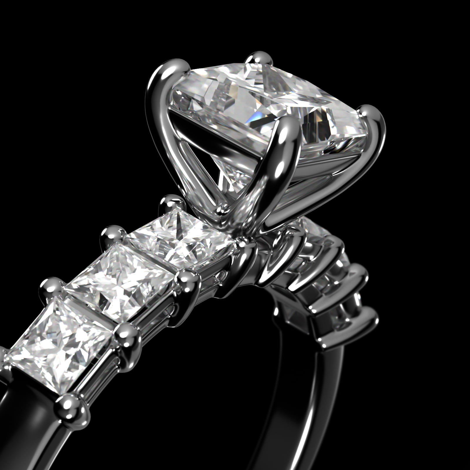 Princess Cut Side Stone Diamond Engagement Ring In 18K White Gold