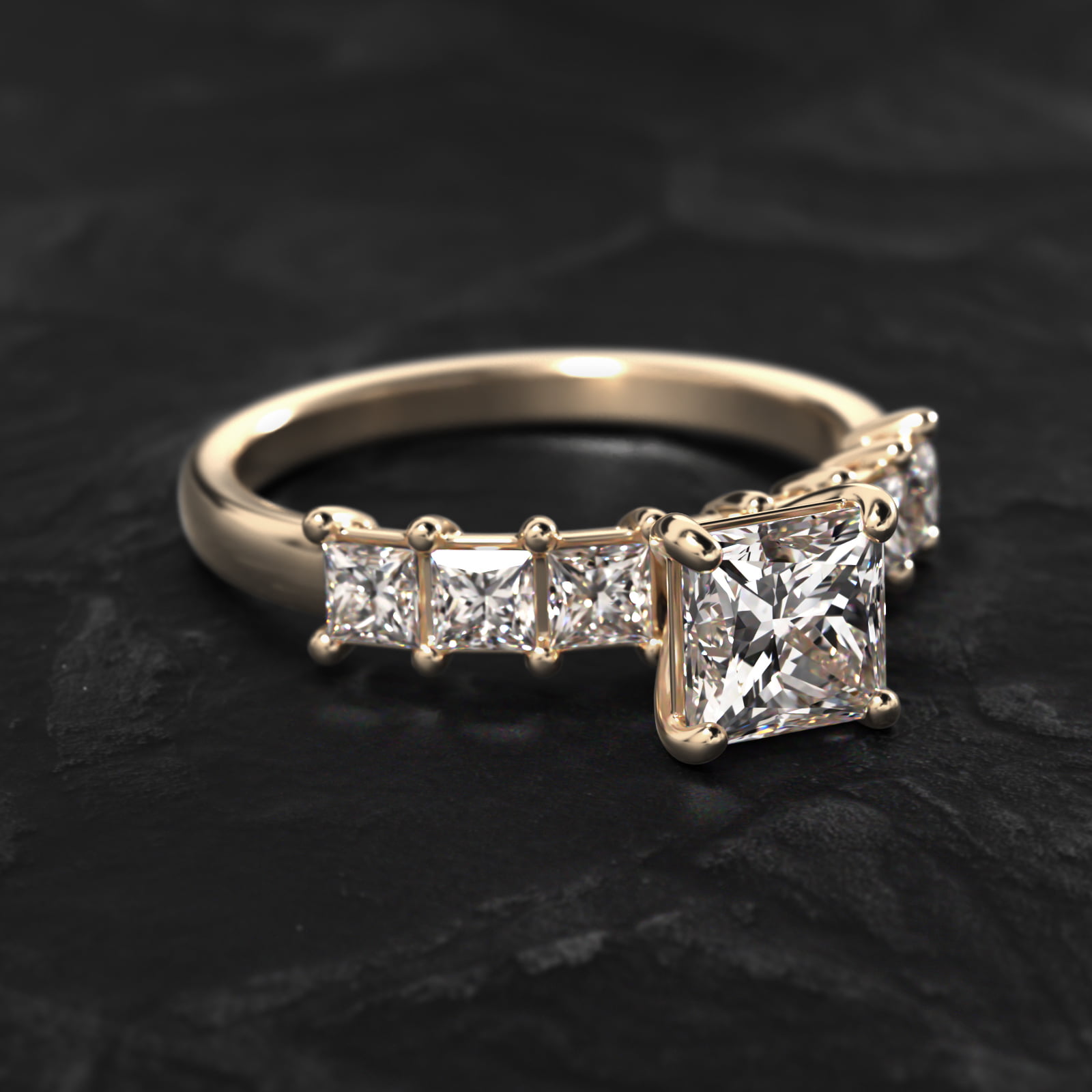 Princess Cut Side Stone Diamond Engagement Ring In 18K Yellow Gold