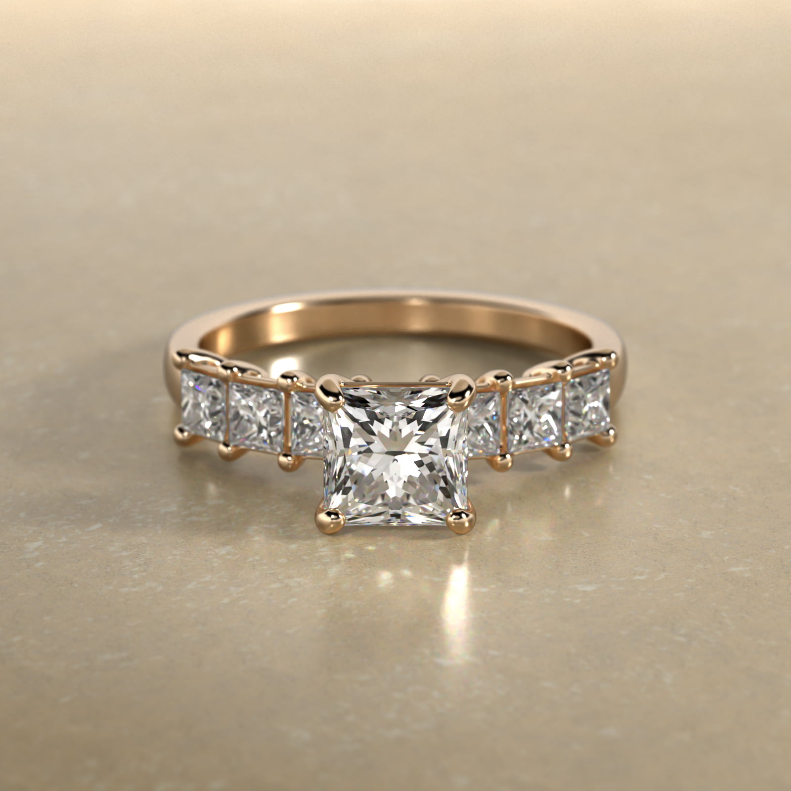 Princess Cut Side Stone Diamond Engagement Ring In 14K Yellow Gold