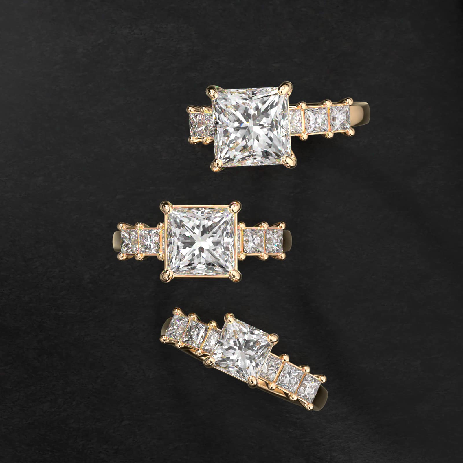 Princess Cut Side Stone Diamond Engagement Ring In 18K Yellow Gold