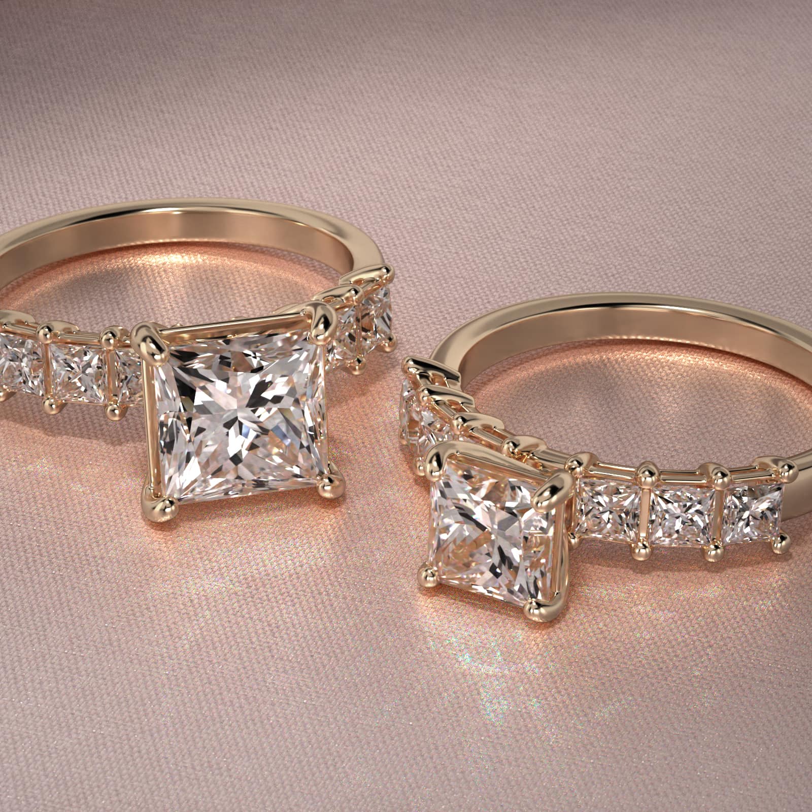 Princess Cut Side Stone Diamond Engagement Ring In 14K Yellow Gold