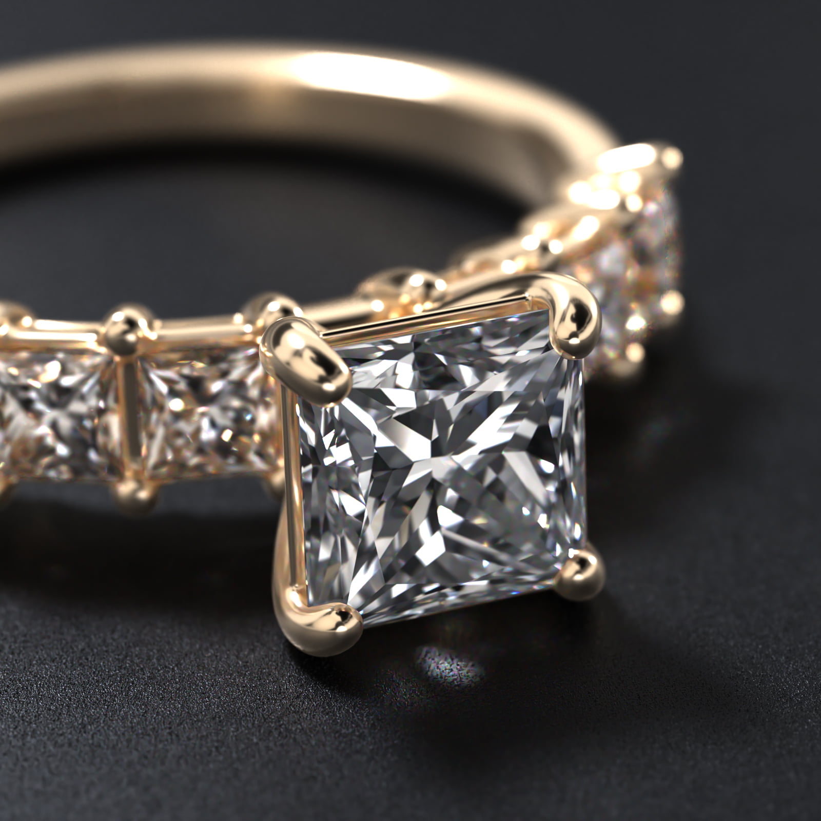 Princess Cut Side Stone Diamond Engagement Ring In 18K Yellow Gold