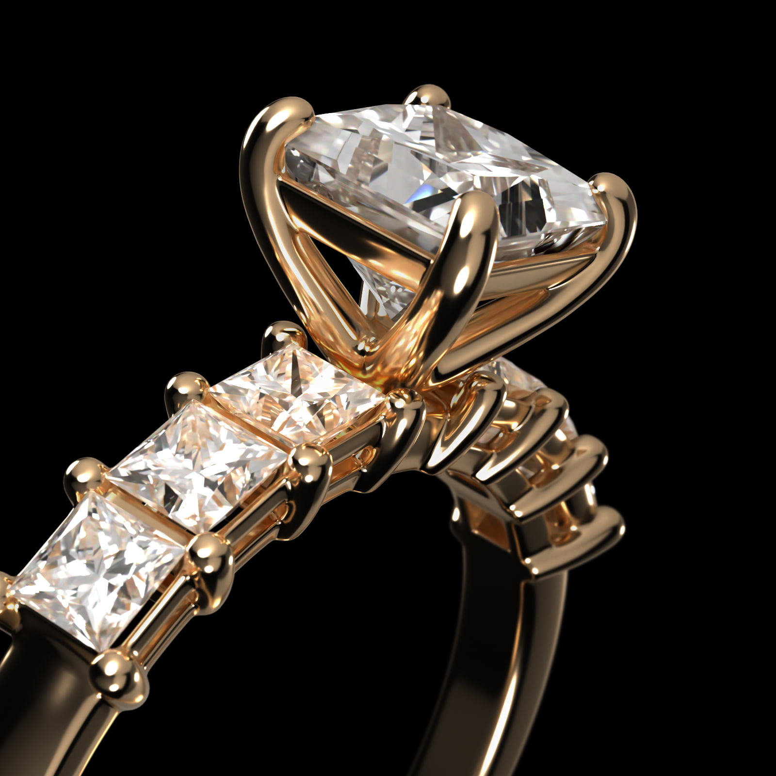 Princess Cut Side Stone Diamond Engagement Ring In 14K Yellow Gold