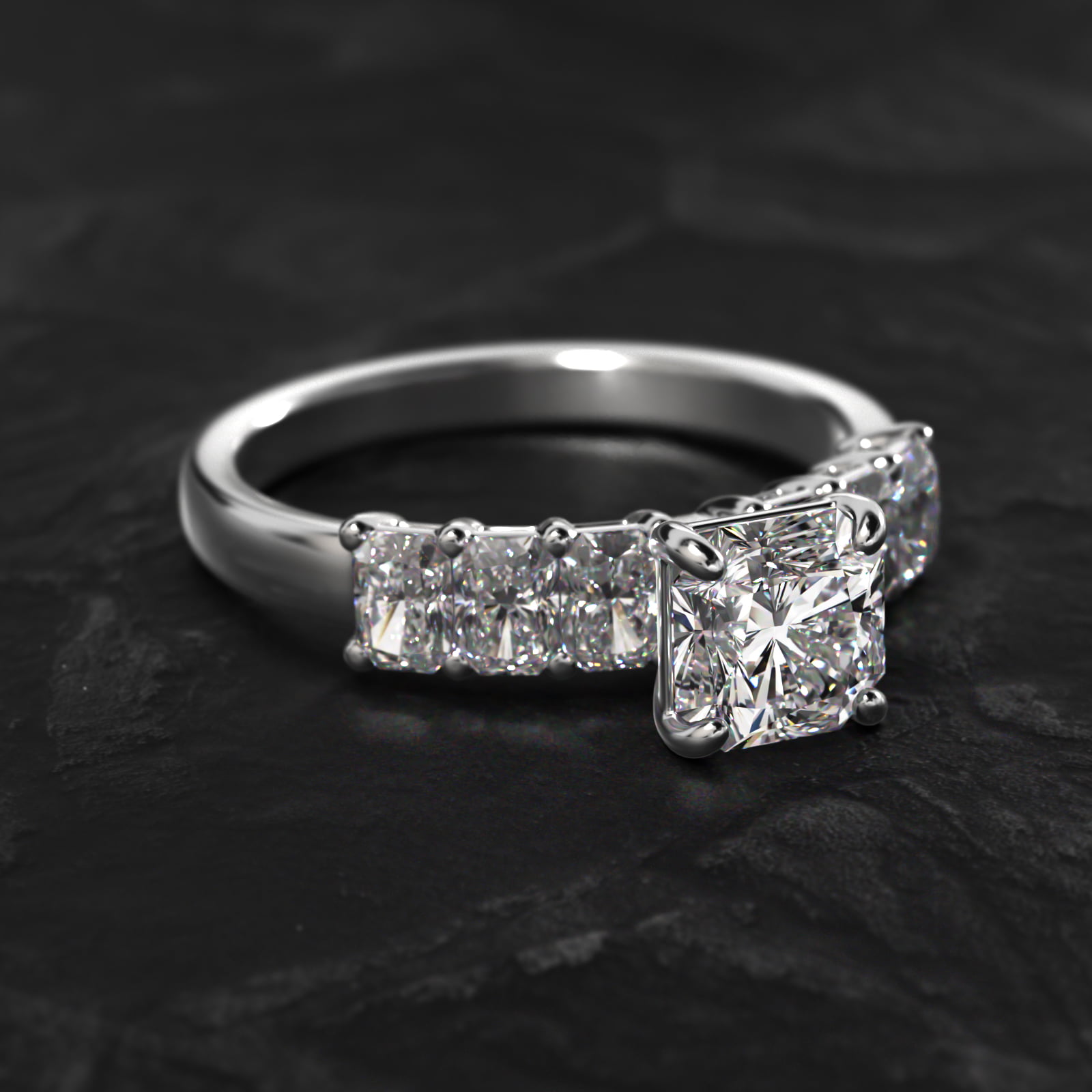 Radiant Cut Side Stone Diamond Engagement Ring In 18K White Gold