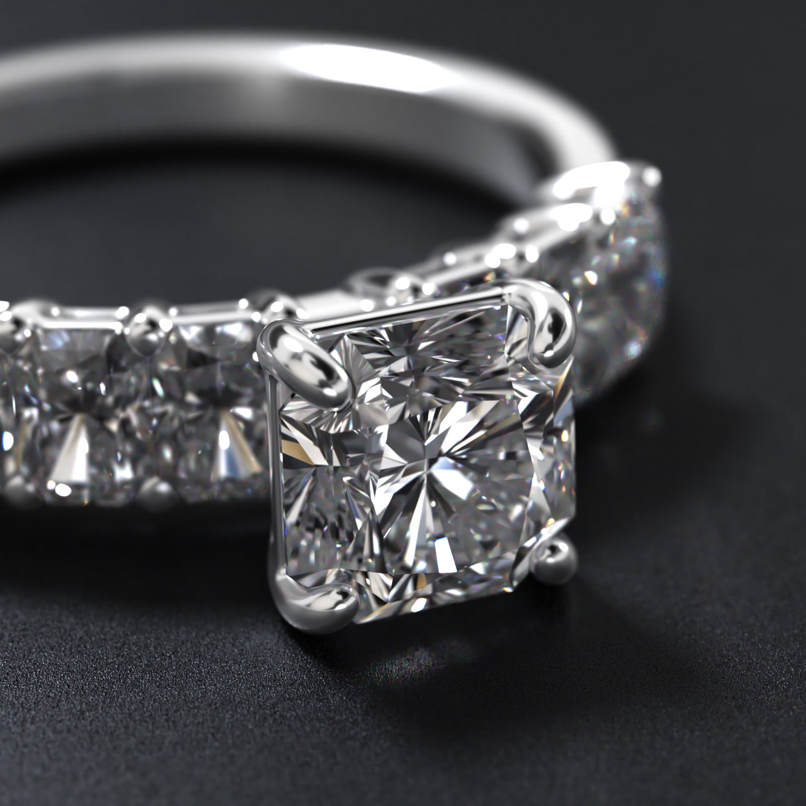 Radiant Cut Side Stone Diamond Engagement Ring In Platinum