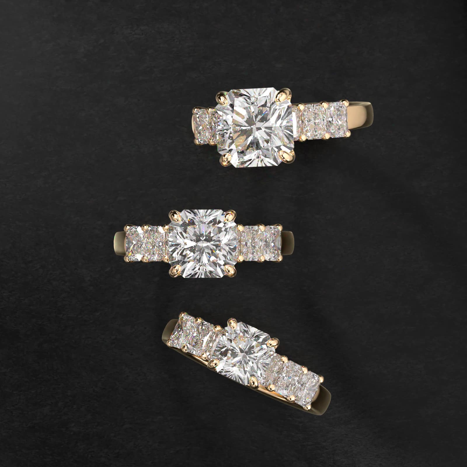 Radiant Cut Side Stone Diamond Engagement Ring In 14K Yellow Gold