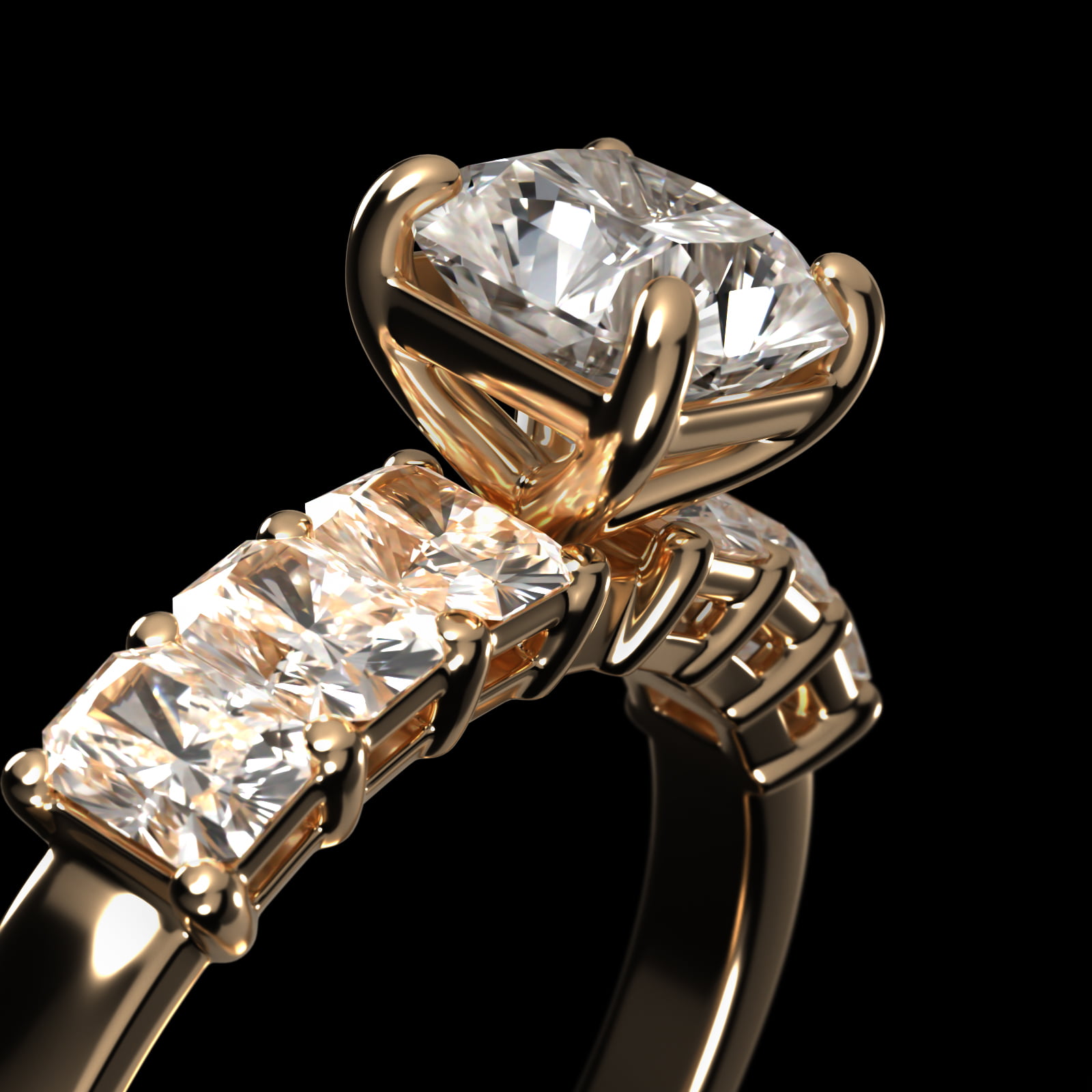 Radiant Cut Side Stone Diamond Engagement Ring In 18K Yellow Gold