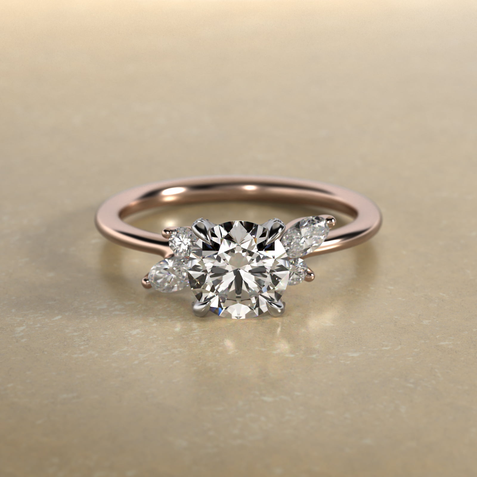 Marquise Diamond Accents Side Stone Engagement Ring With Pavé Basket In 14K Rose Gold