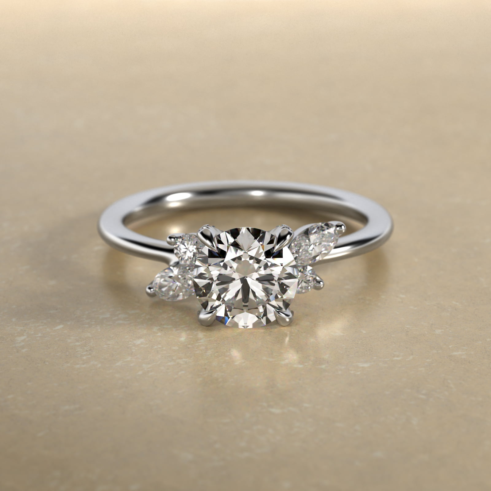 Marquise Diamond Accents Side Stone Engagement Ring With Pavé Basket In 14K White Gold