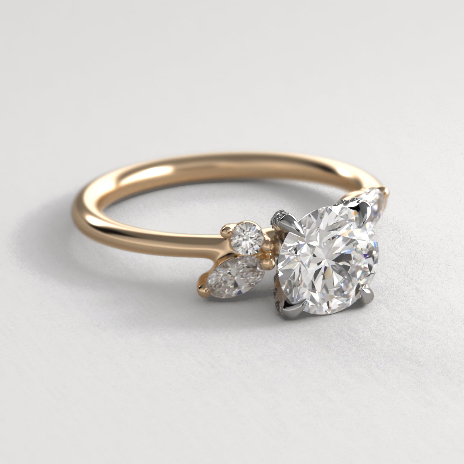 Marquise Diamond Accents Side Stone Engagement Ring With Pavé Basket In 18K Yellow Gold