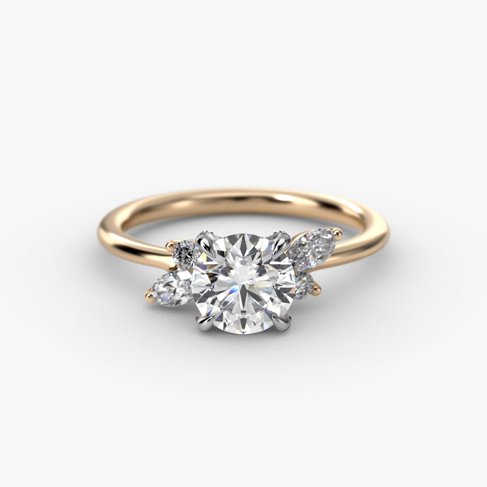 Marquise Diamond Accents Side Stone Engagement Ring With Pavé Basket In 14K Yellow Gold