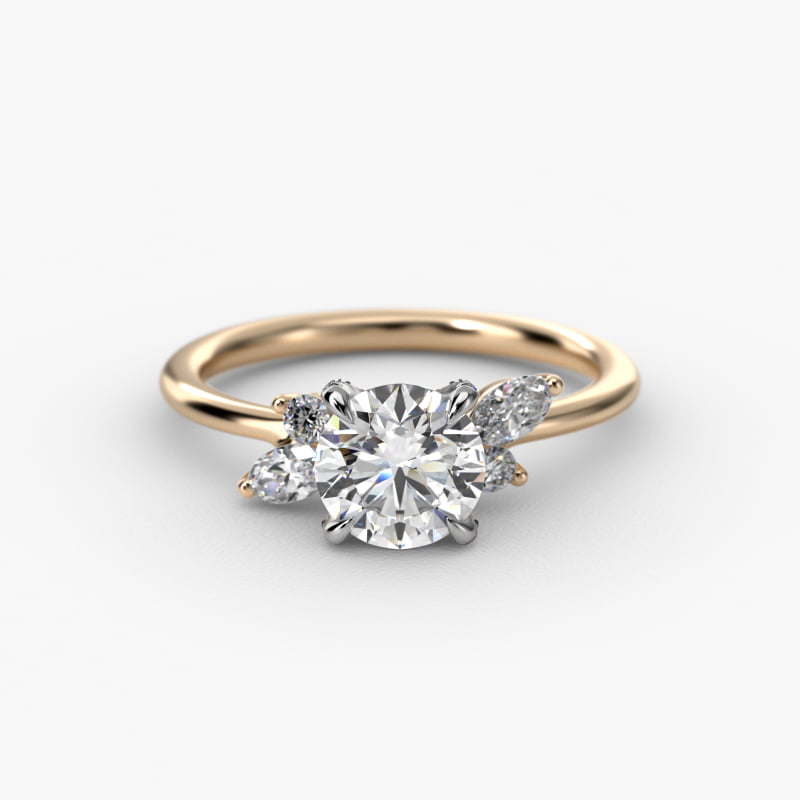Marquise Diamond Accents Side Stone Engagement Ring With Pavé Basket In 14K Yellow Gold