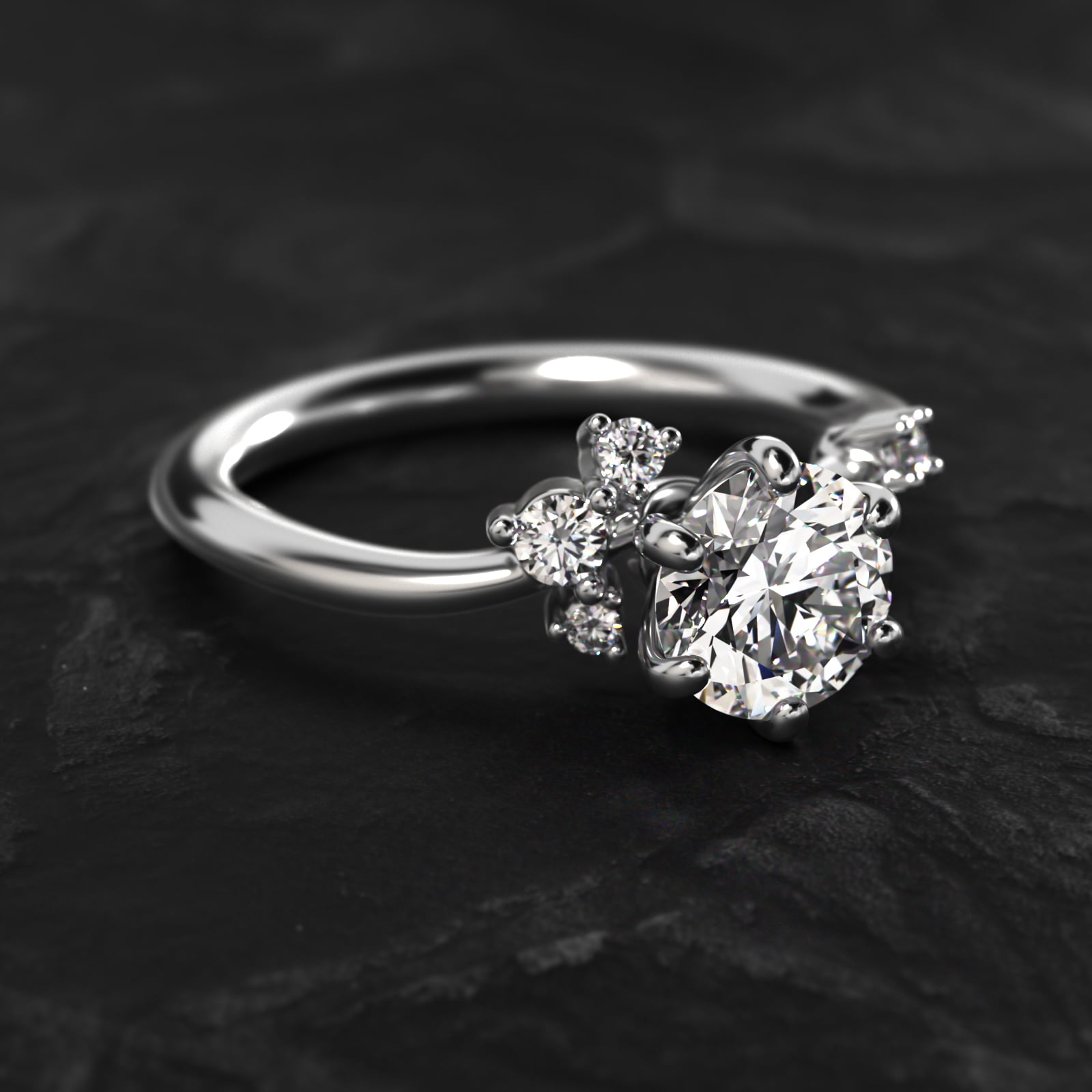 Scattered Blooms Undulated Side Stone Diamond Engagement Ring In 14K White Gold