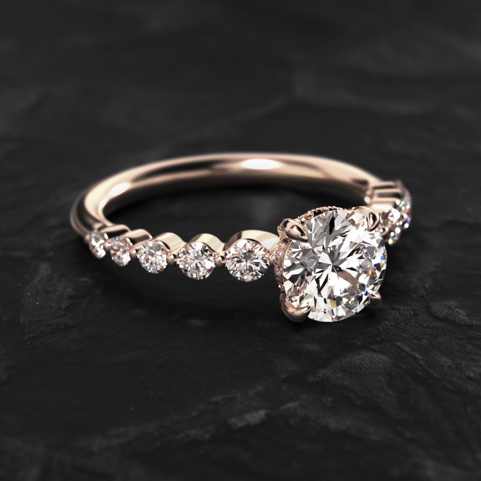 Diamond Escalade Side Stone Engagement Ring In 14K Rose Gold