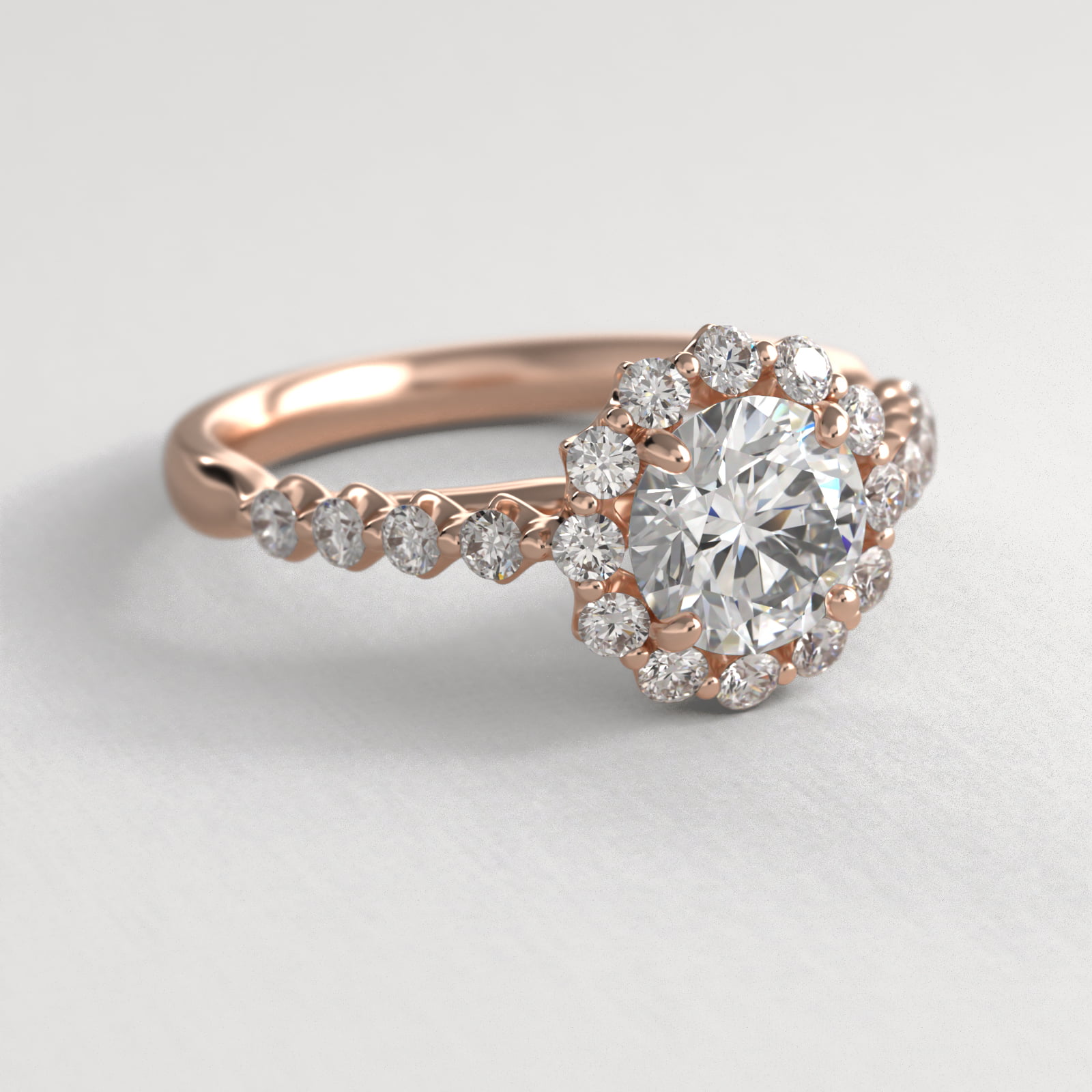 Scalloped Diamond Halo Cathedral Engagement Ring In 14K Rose Gold