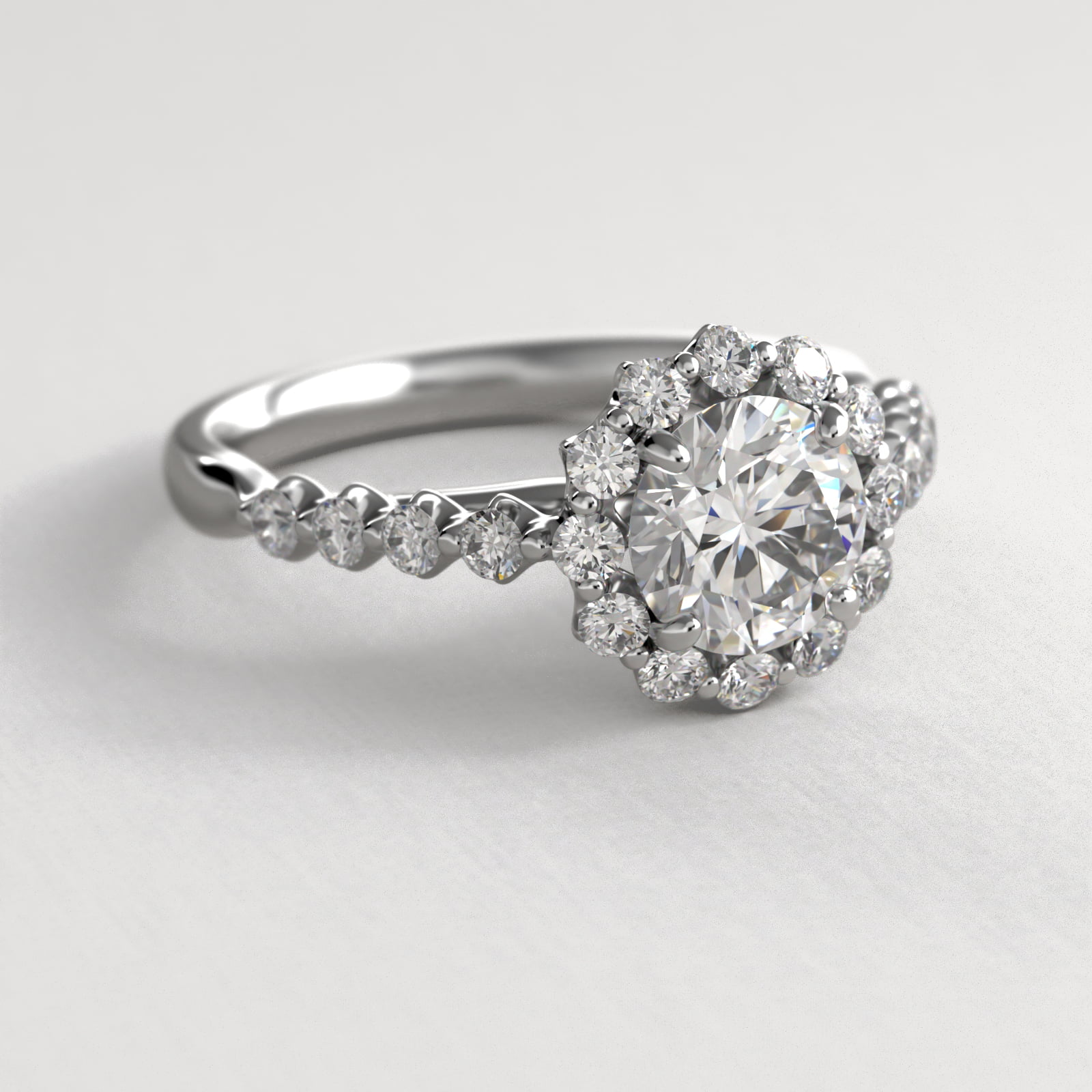 Scalloped Diamond Halo Cathedral Engagement Ring In 18K White Gold