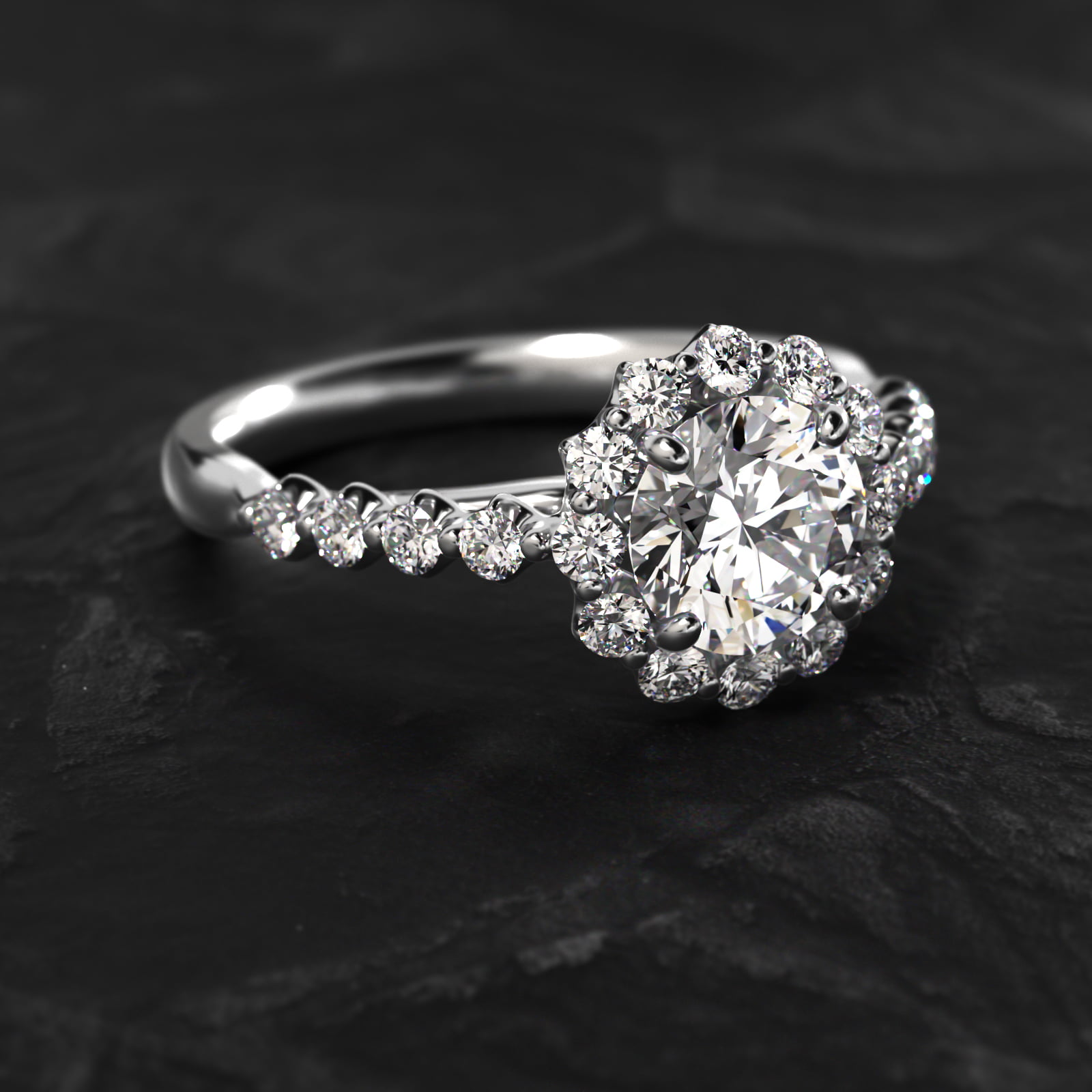 Scalloped Diamond Halo Cathedral Engagement Ring In Platinum