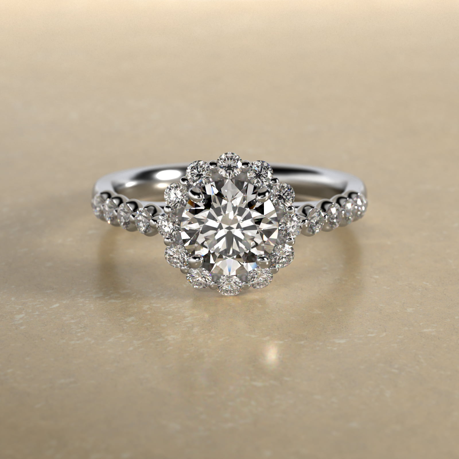 Scalloped Diamond Halo Cathedral Engagement Ring In 14K White Gold