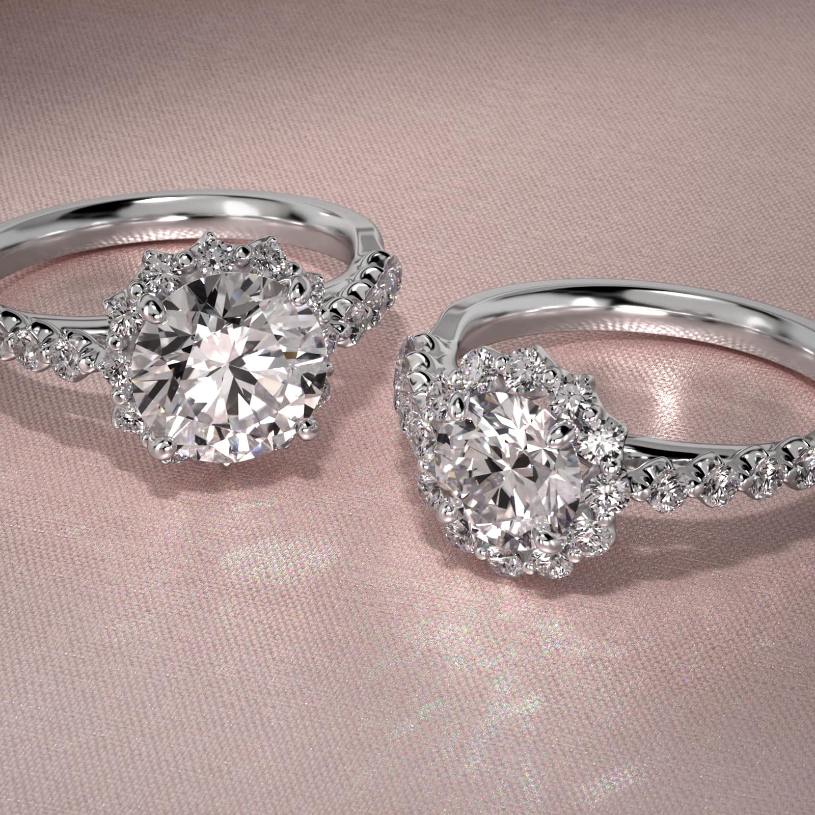 Scalloped Diamond Halo Cathedral Engagement Ring In 18K White Gold