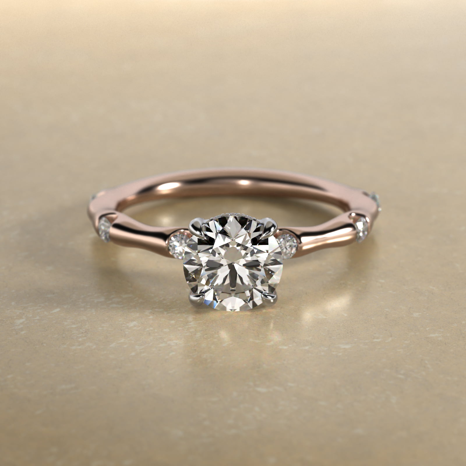 Bamboo Hidden Halo Side Stone Diamond Engagement Ring With Halo In 14K Rose Gold