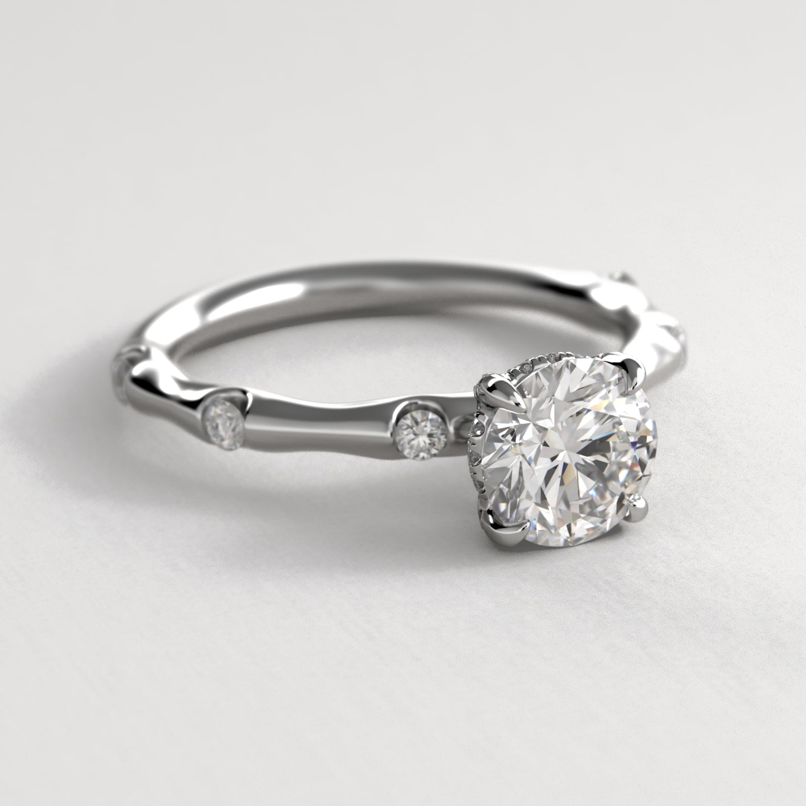 Bamboo Hidden Halo Side Stone Diamond Engagement Ring With Halo In Platinum