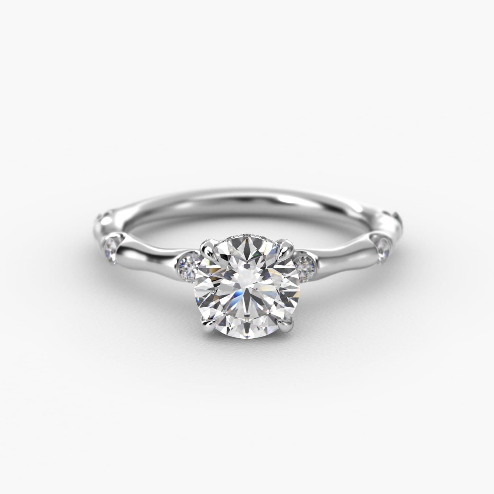 Bamboo Hidden Halo Side Stone Diamond Engagement Ring With Halo In 14K White Gold